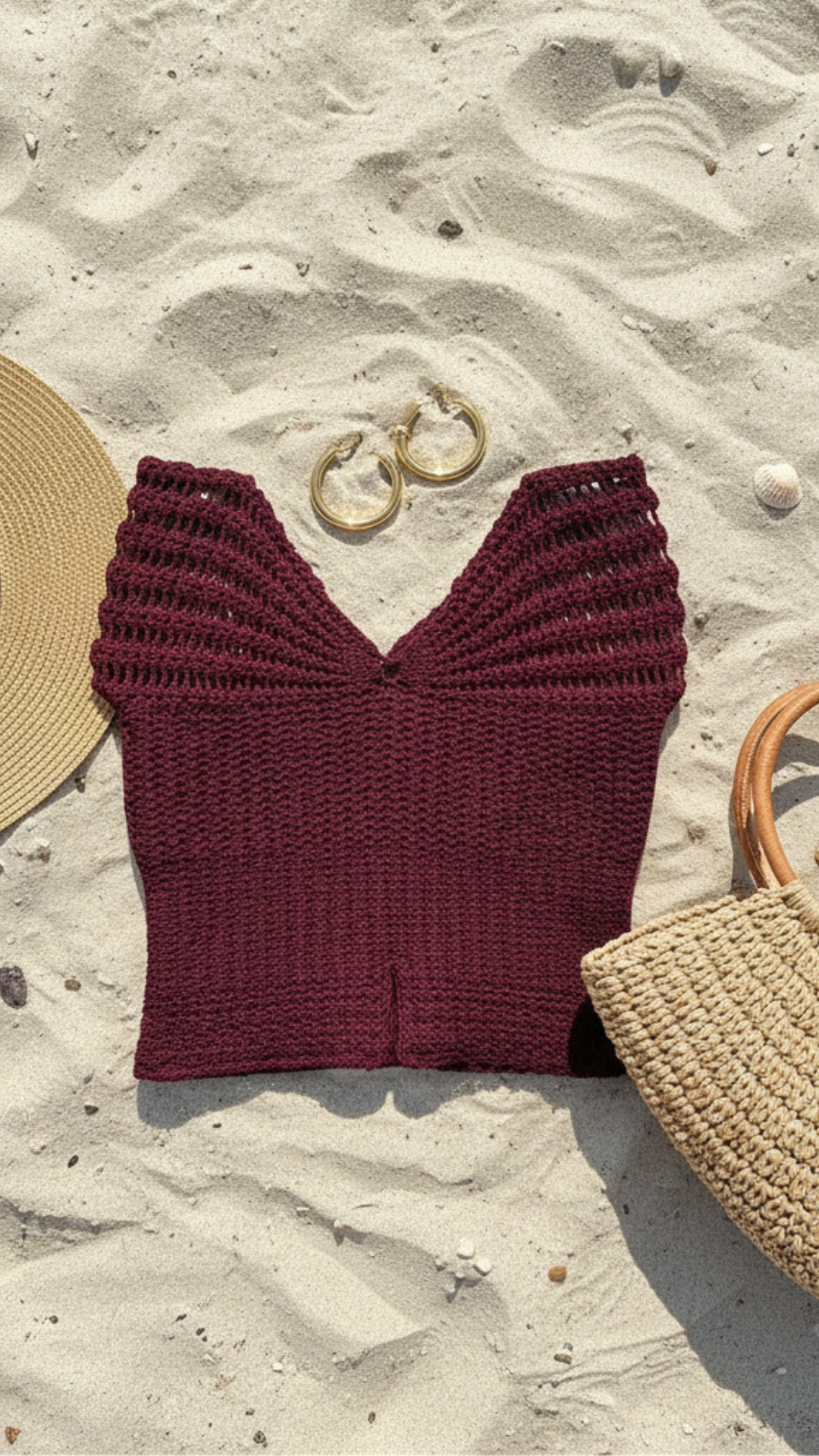 Hand Knitted Crochet Butterfly Top -  burgundy