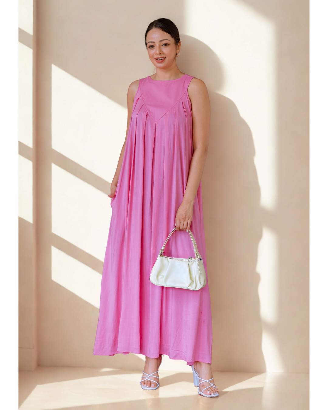 strapless open back dress Pink Flowy Maxi Dress – AVANTA