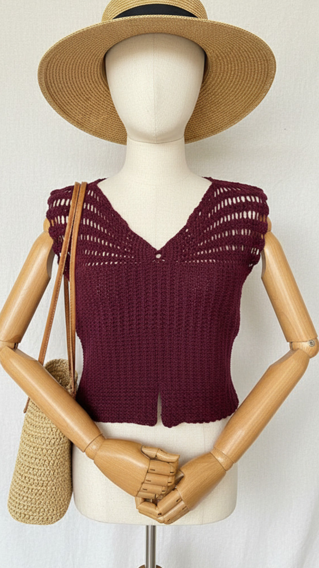 Hand Knitted Crochet Butterfly Top -  burgundy