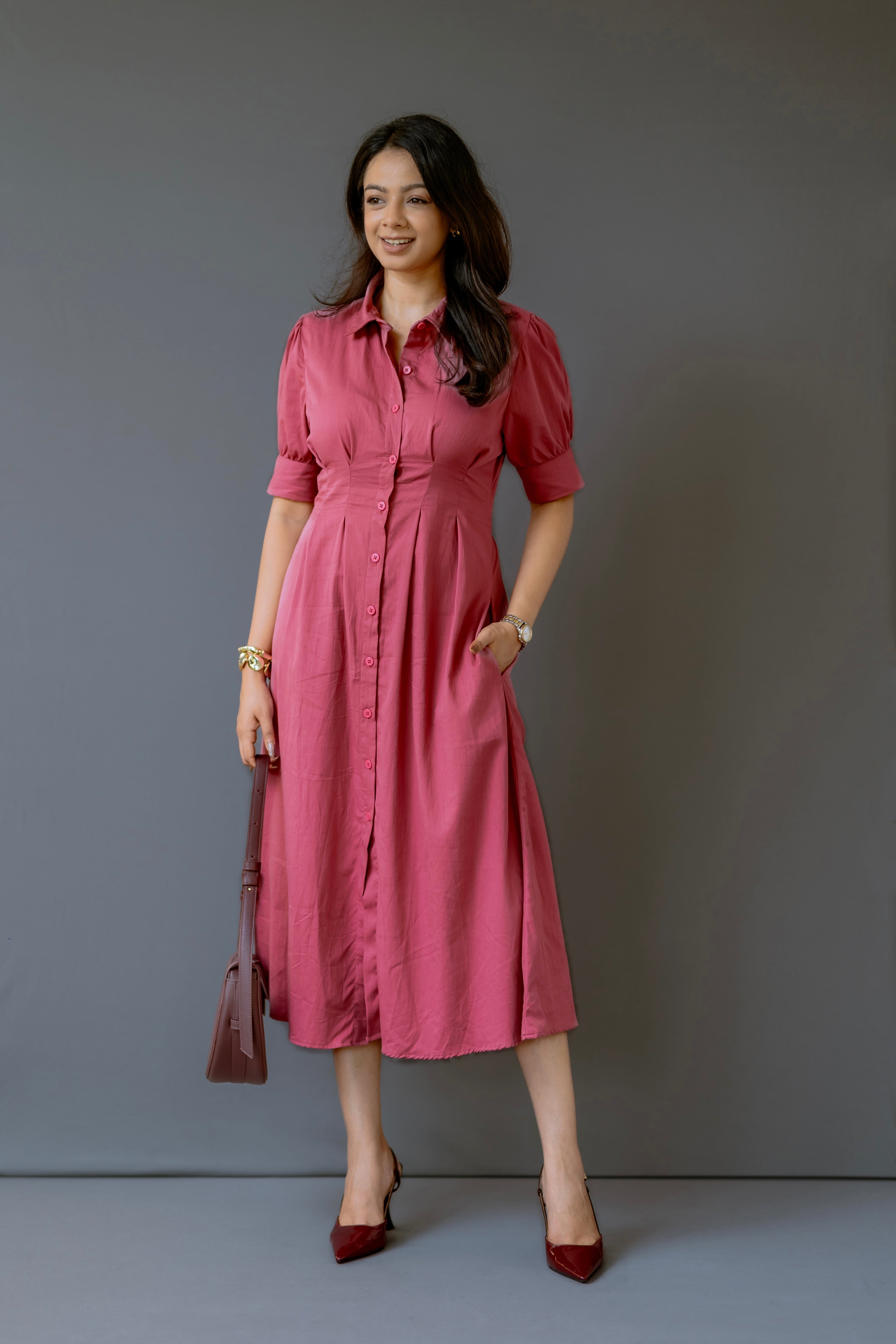 Button-Front Cotton Midi with Cinch Waist