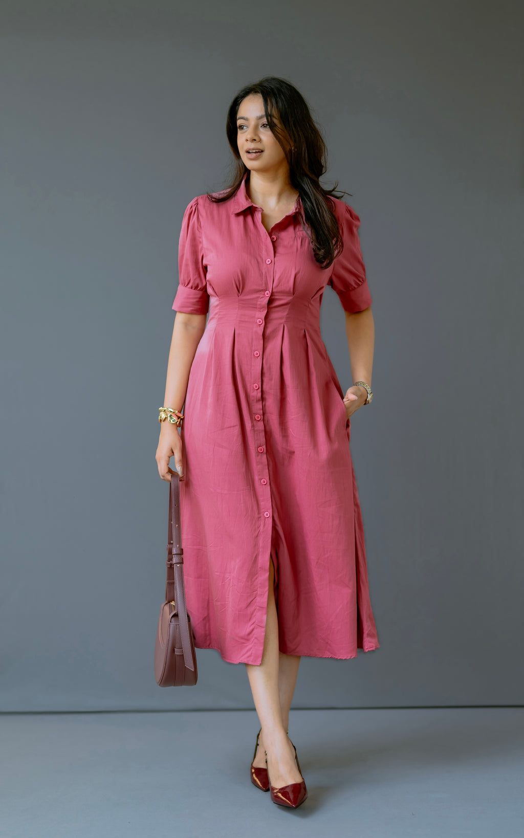 Button-Front Cotton Midi with Cinch Waist