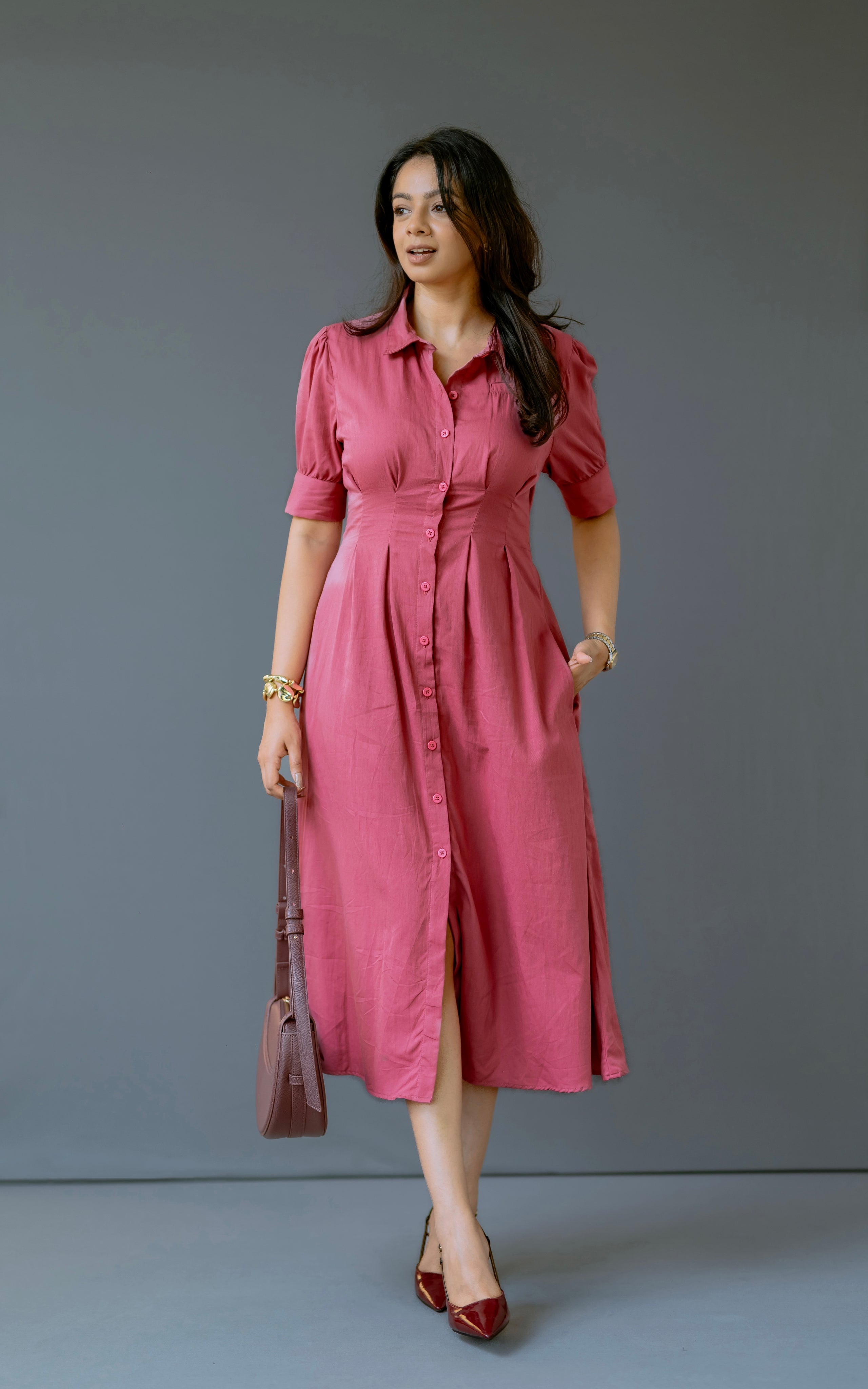 Button-Front Cotton Midi with Cinch Waist