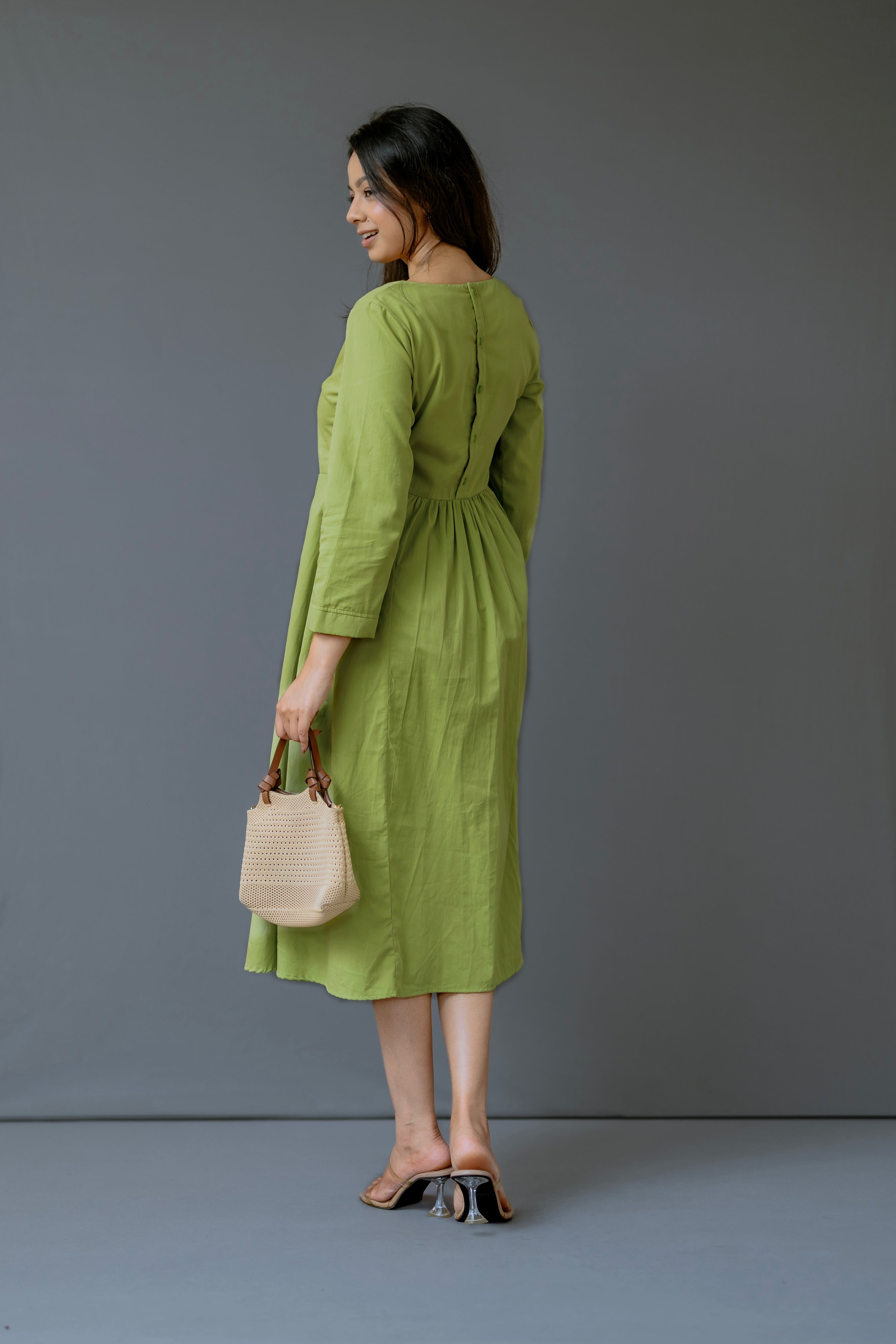 V-Neck Empire Waist Midi Dress in Organic Cotton