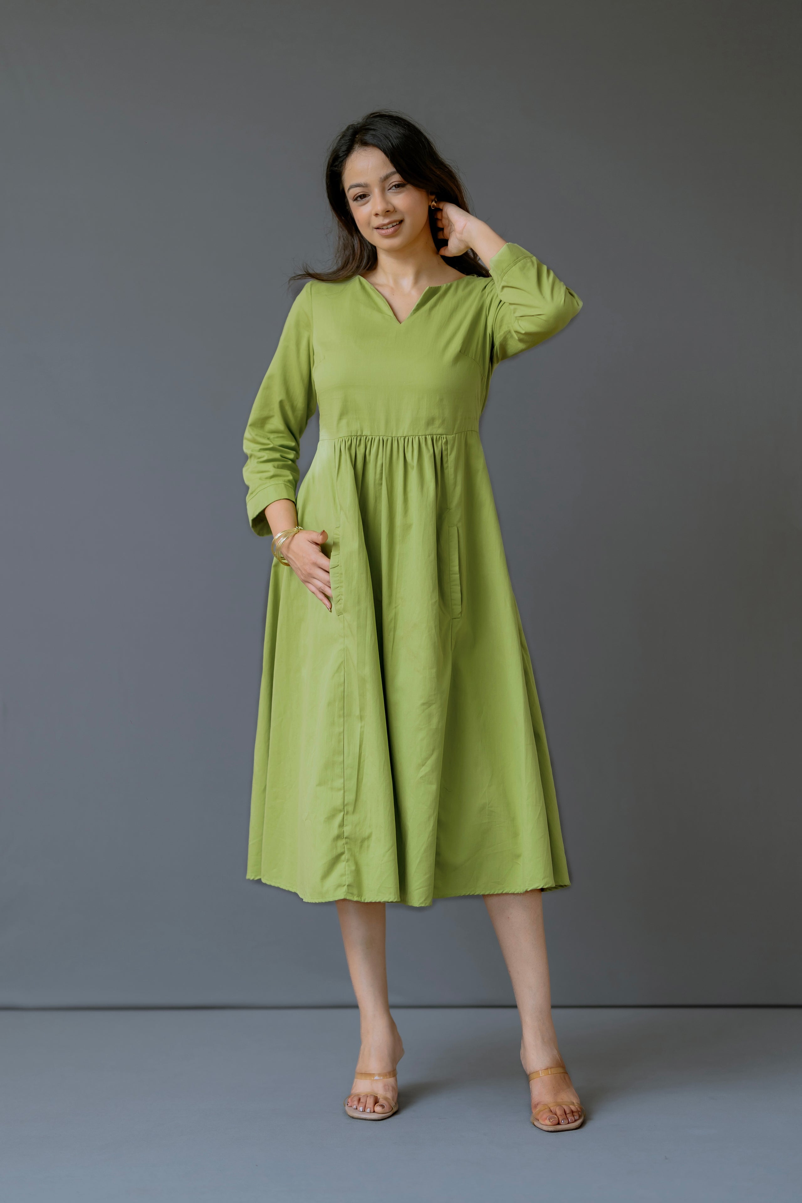 V-Neck Empire Waist Midi Dress in Organic Cotton