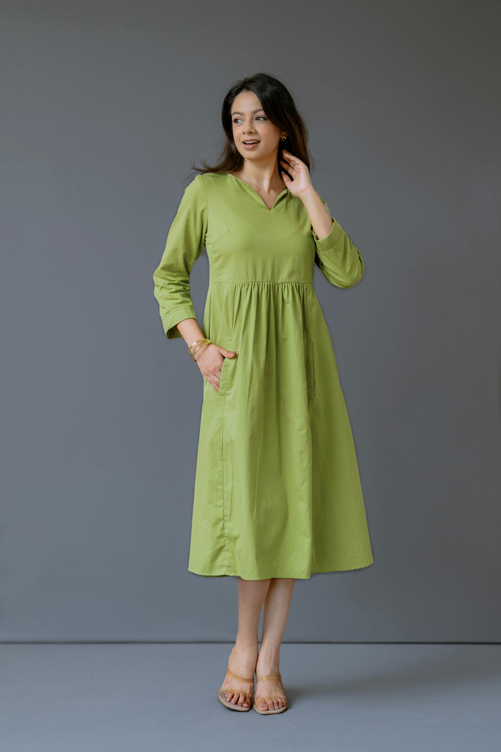 V-Neck Empire Waist Midi Dress in Organic Cotton