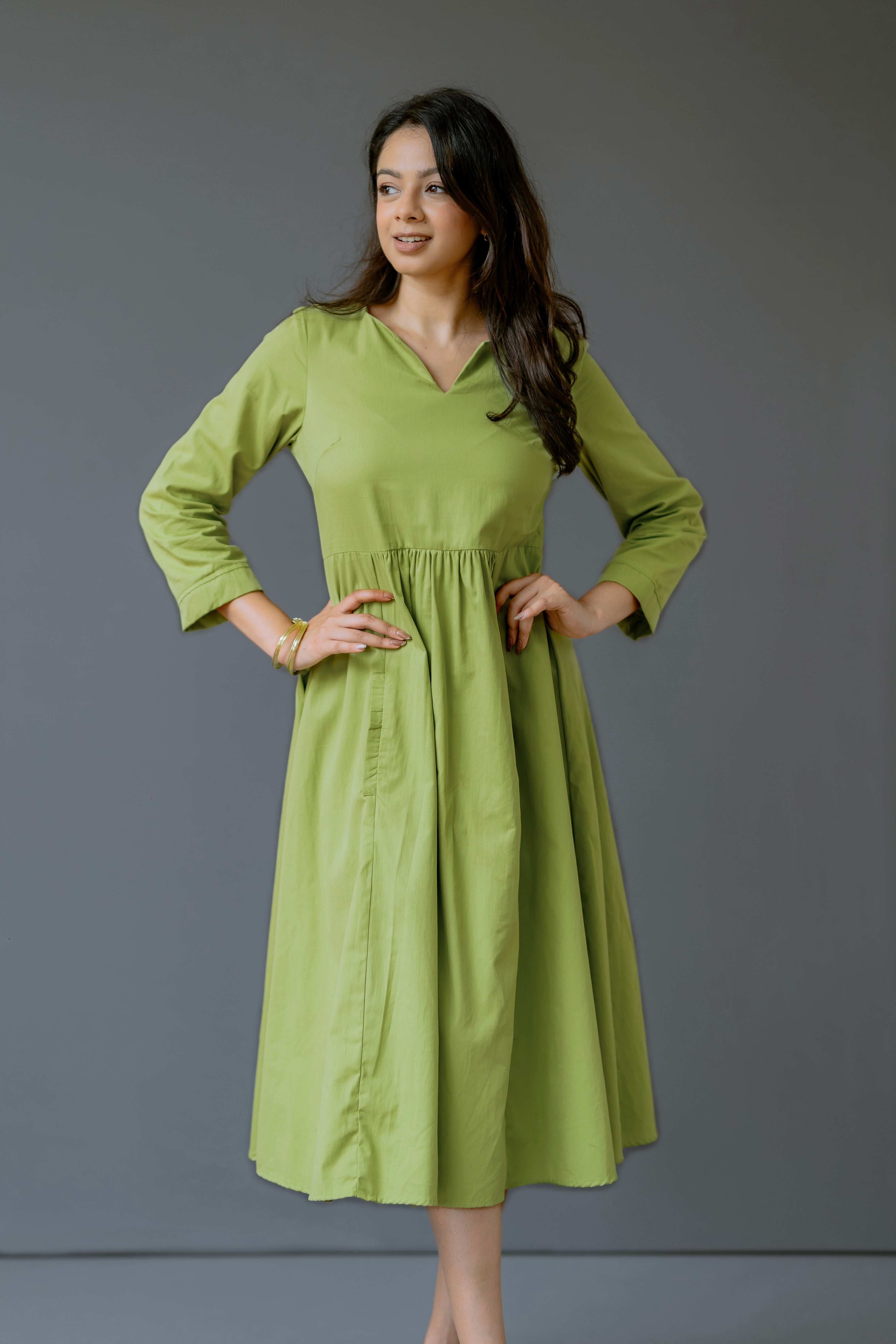 V-Neck Empire Waist Midi Dress in Organic Cotton