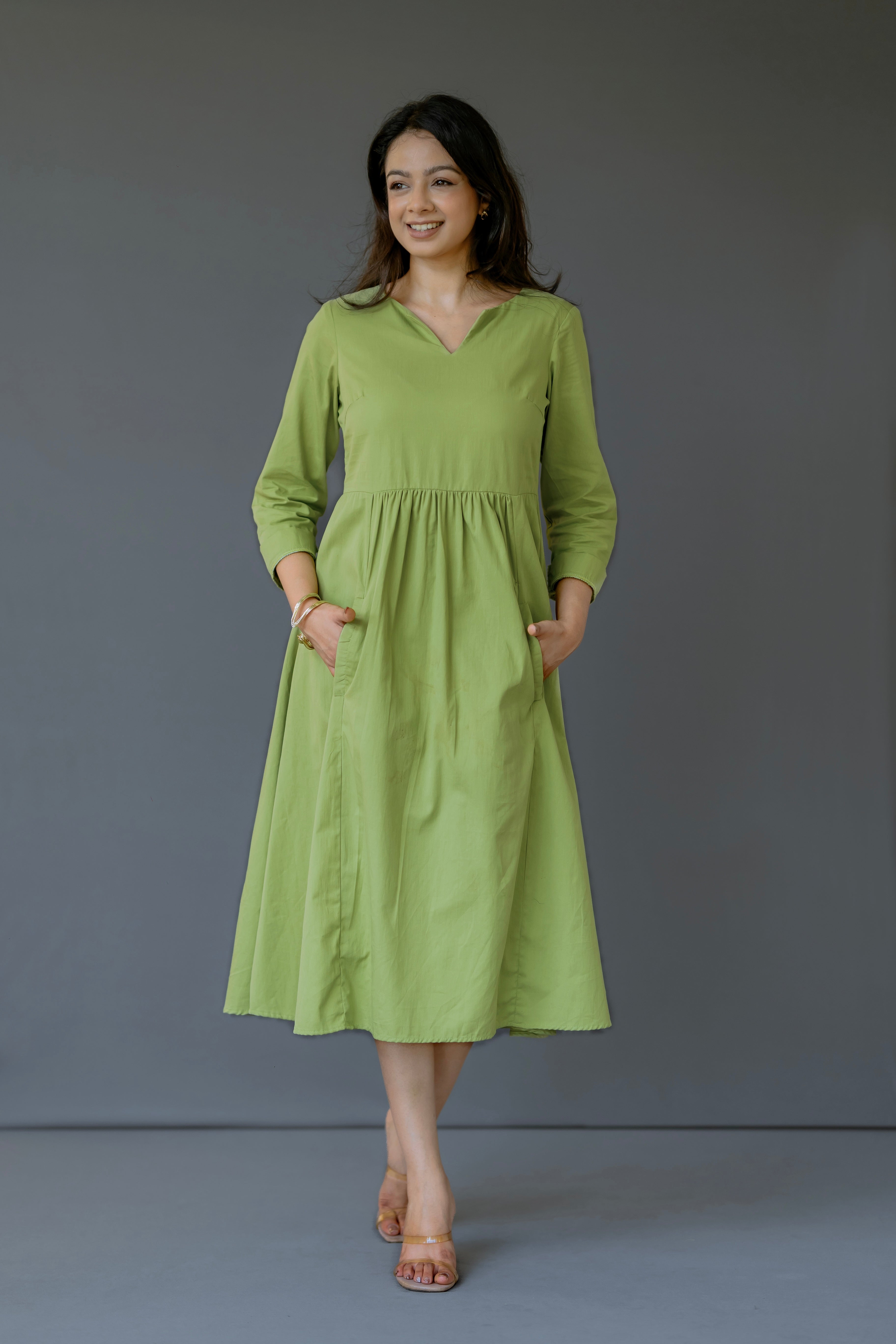 V-Neck Empire Waist Midi Dress in Organic Cotton