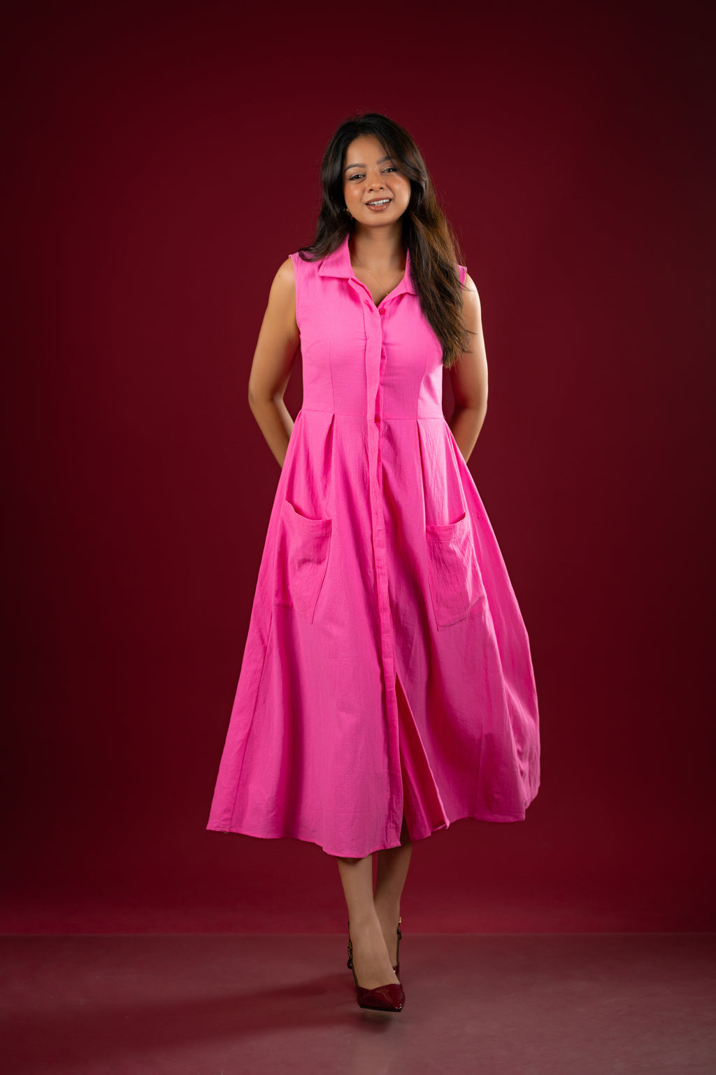 Sleeveless Collared Shirt Dress with Patch Pockets