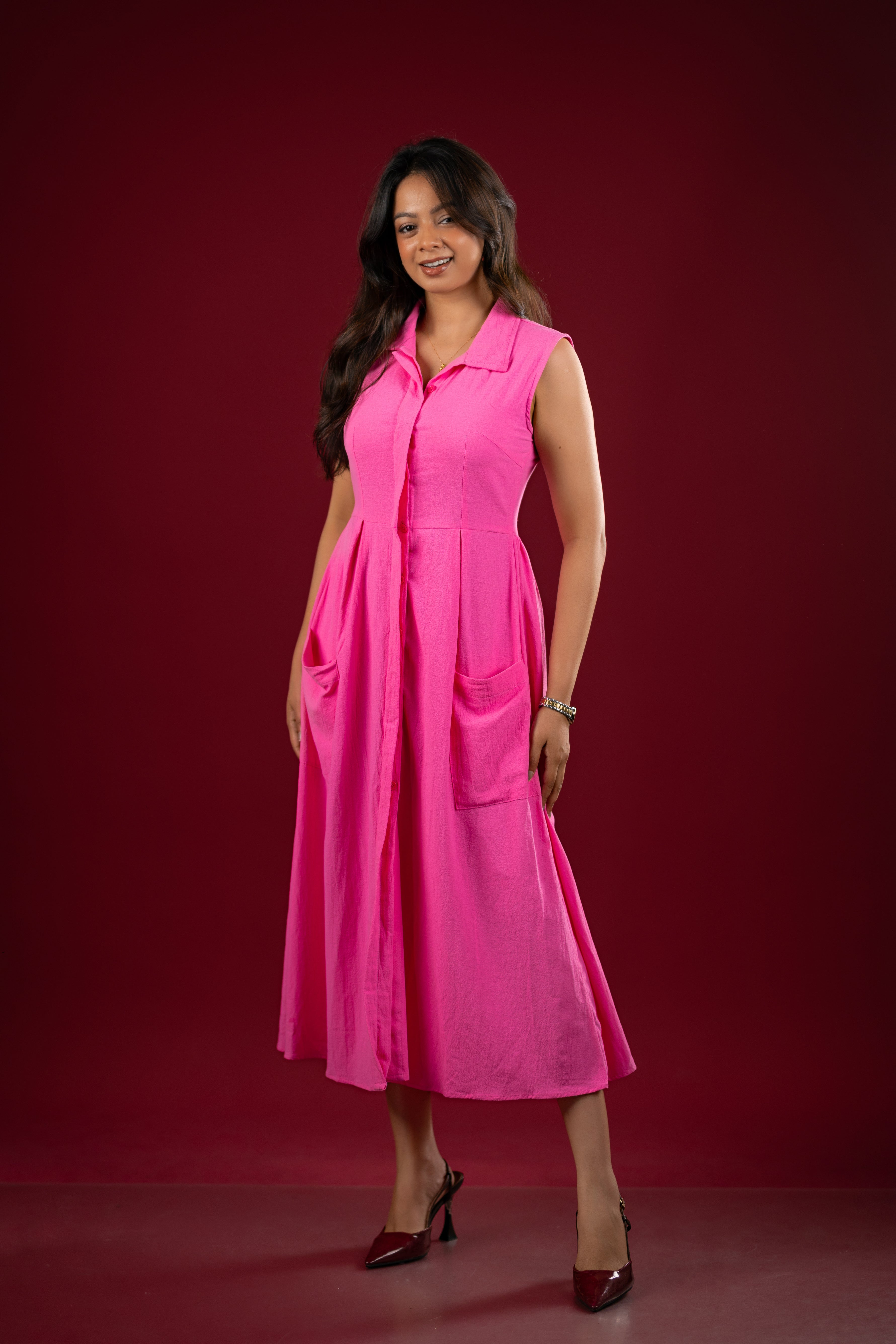 Sleeveless Collared Shirt Dress with Patch Pockets
