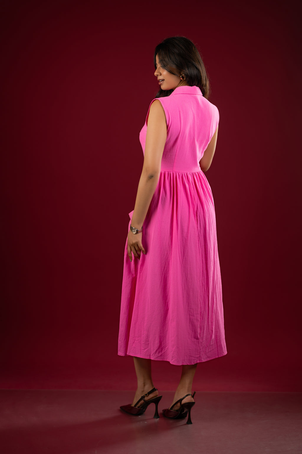 Sleeveless Collared Shirt Dress with Patch Pockets