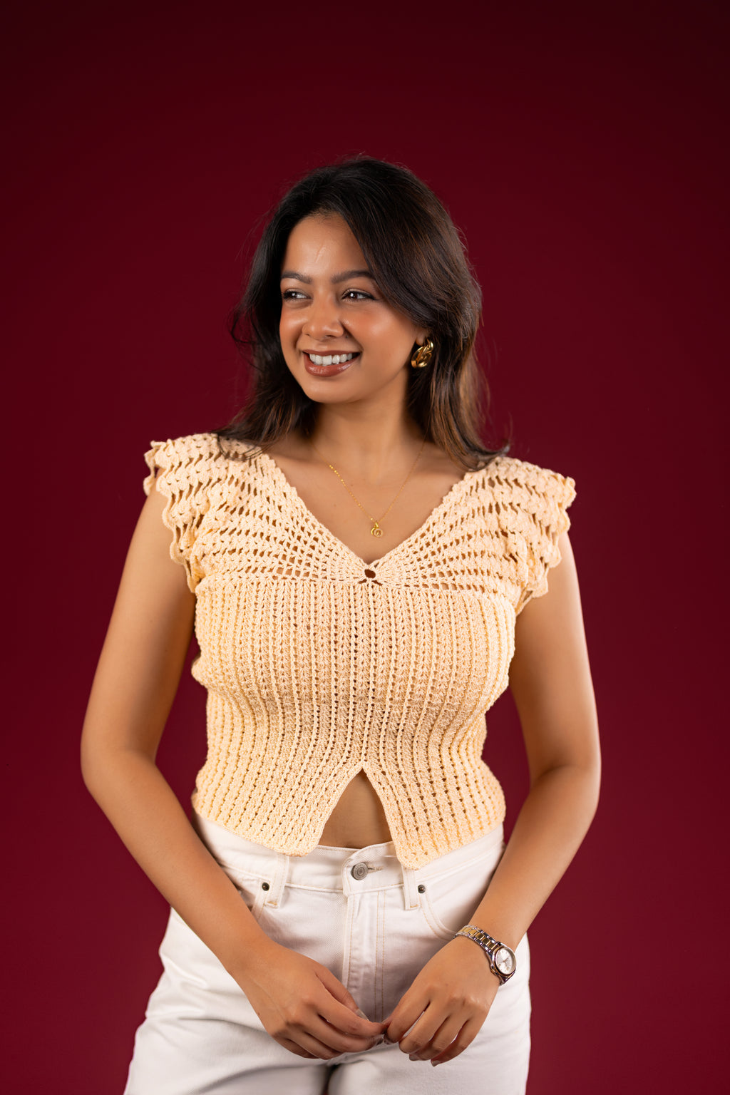 Structured V-Neck Knit Top in  Cream