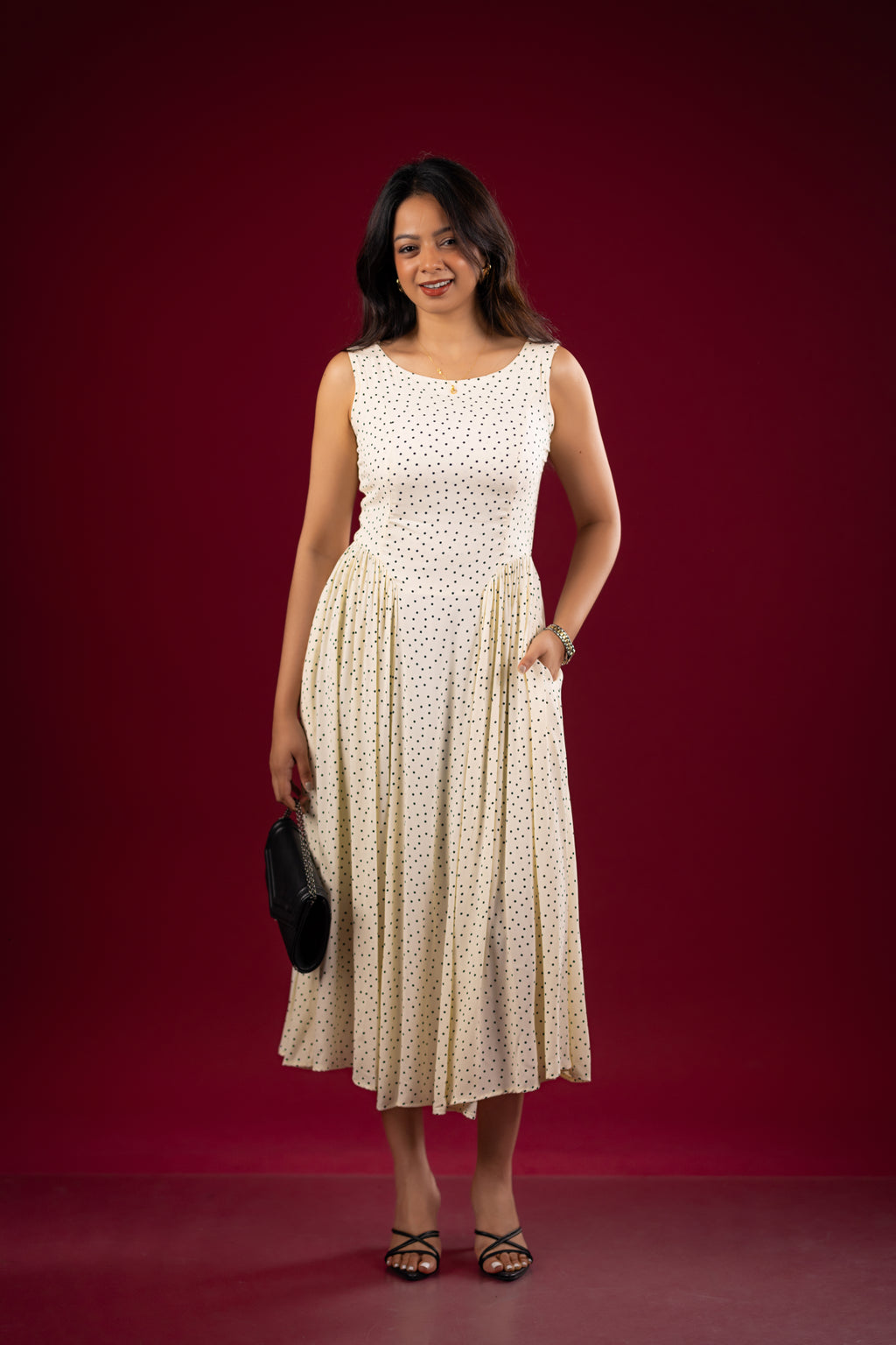 The Ivory Polka Dot Pleated Midi