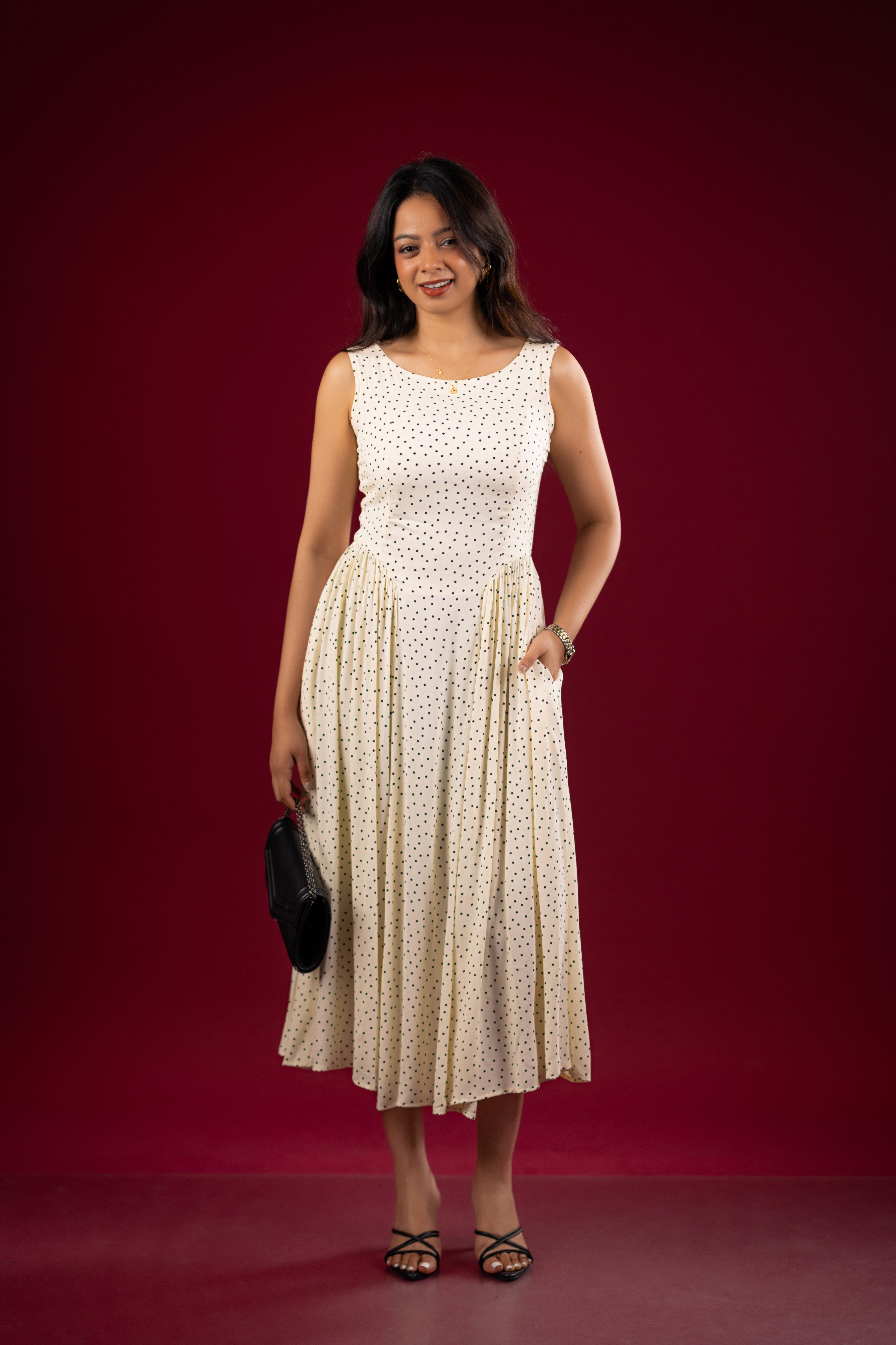The Ivory Polka Dot Pleated Midi