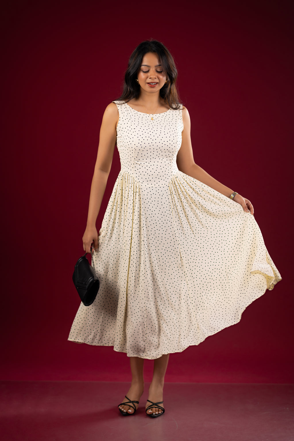 The Ivory Polka Dot Pleated Midi