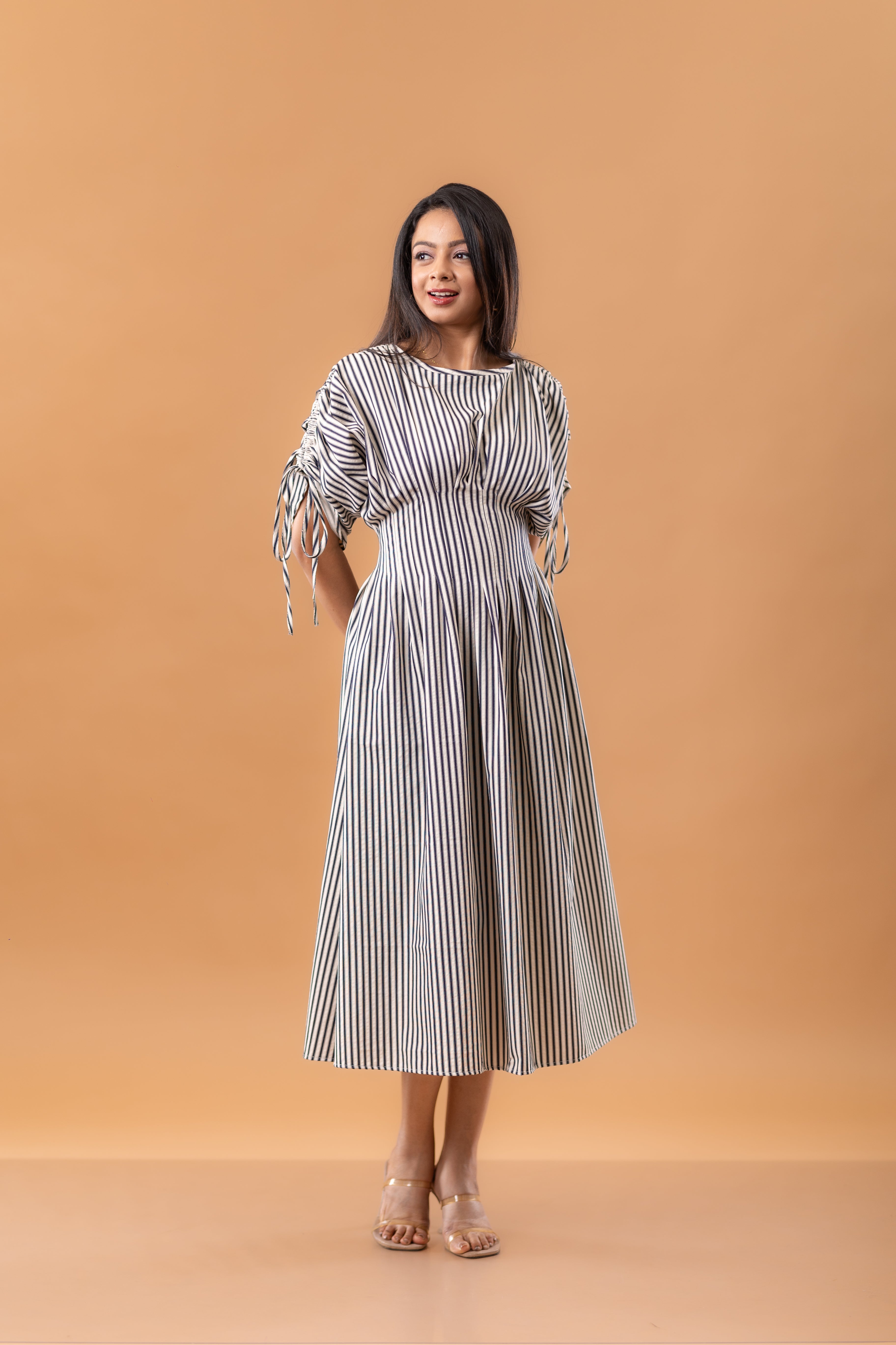 Vertical Stripe Cotton Ruched Midi Dress
