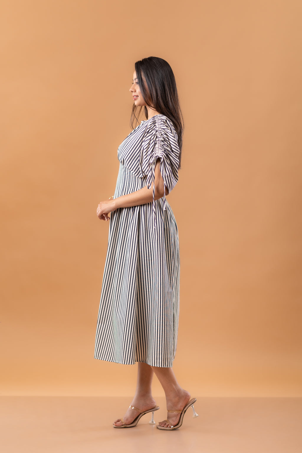 Vertical Stripe Cotton Ruched Midi Dress
