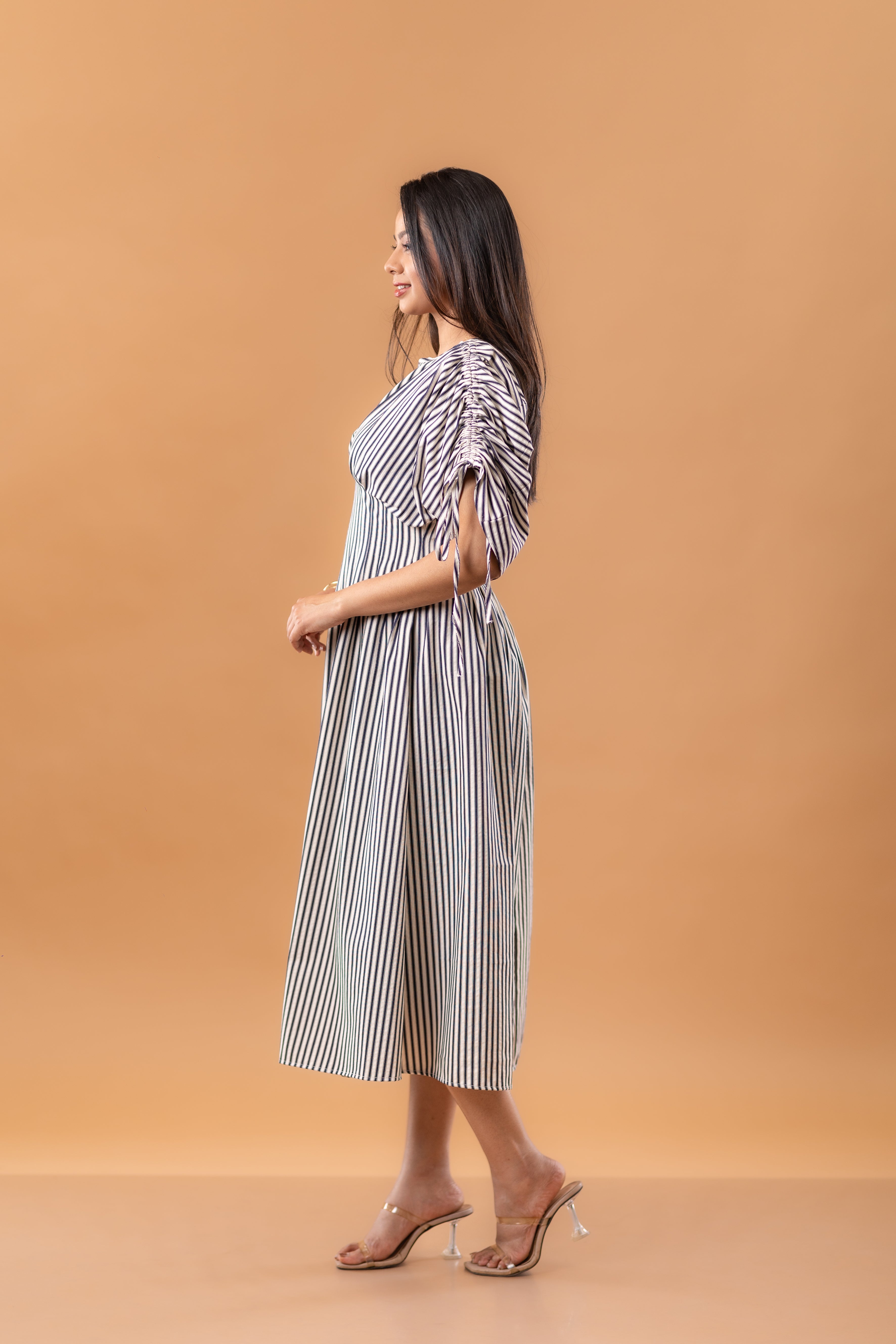 Vertical Stripe Cotton Ruched Midi Dress