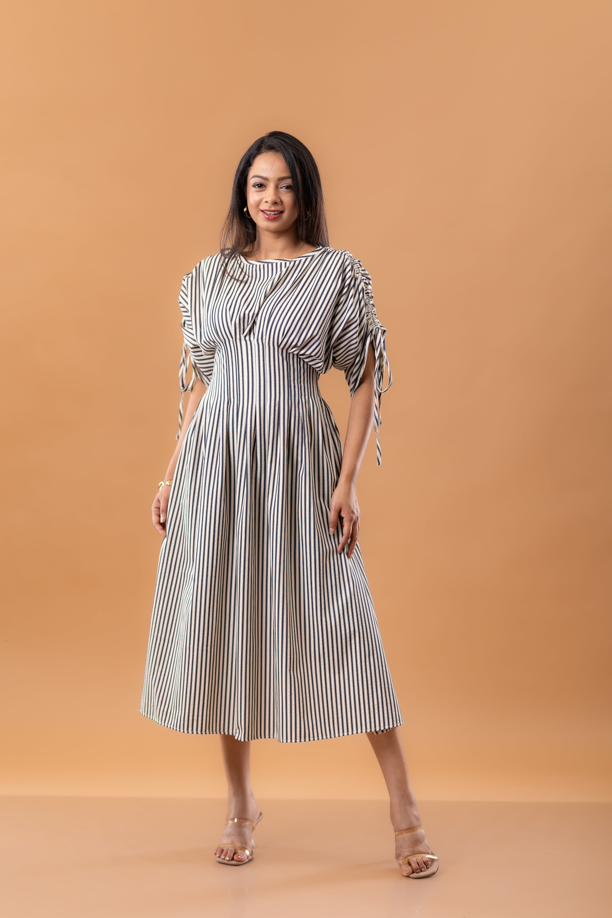 Vertical Stripe Cotton Ruched Midi Dress – AVANTA