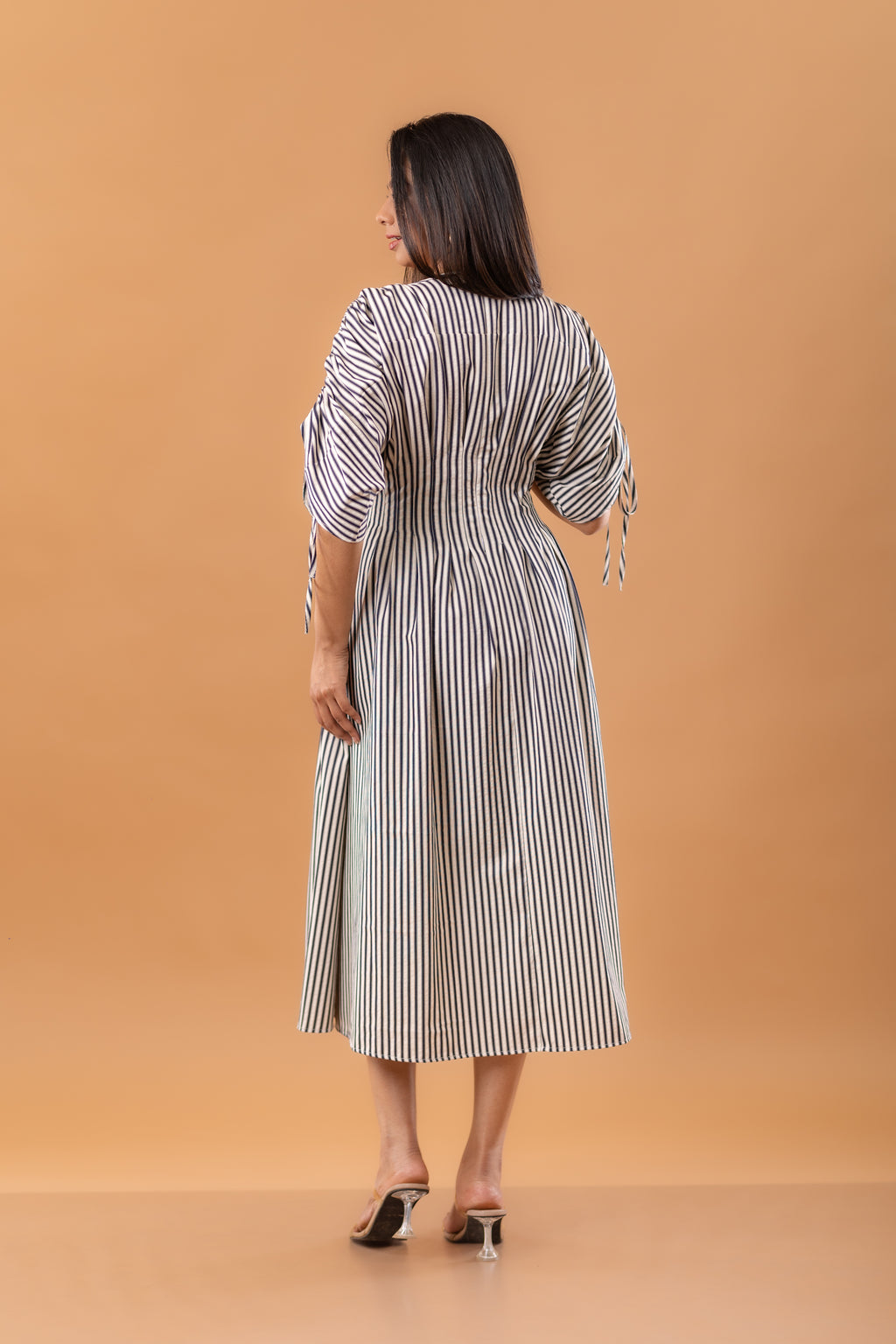 Vertical Stripe Cotton Ruched Midi Dress