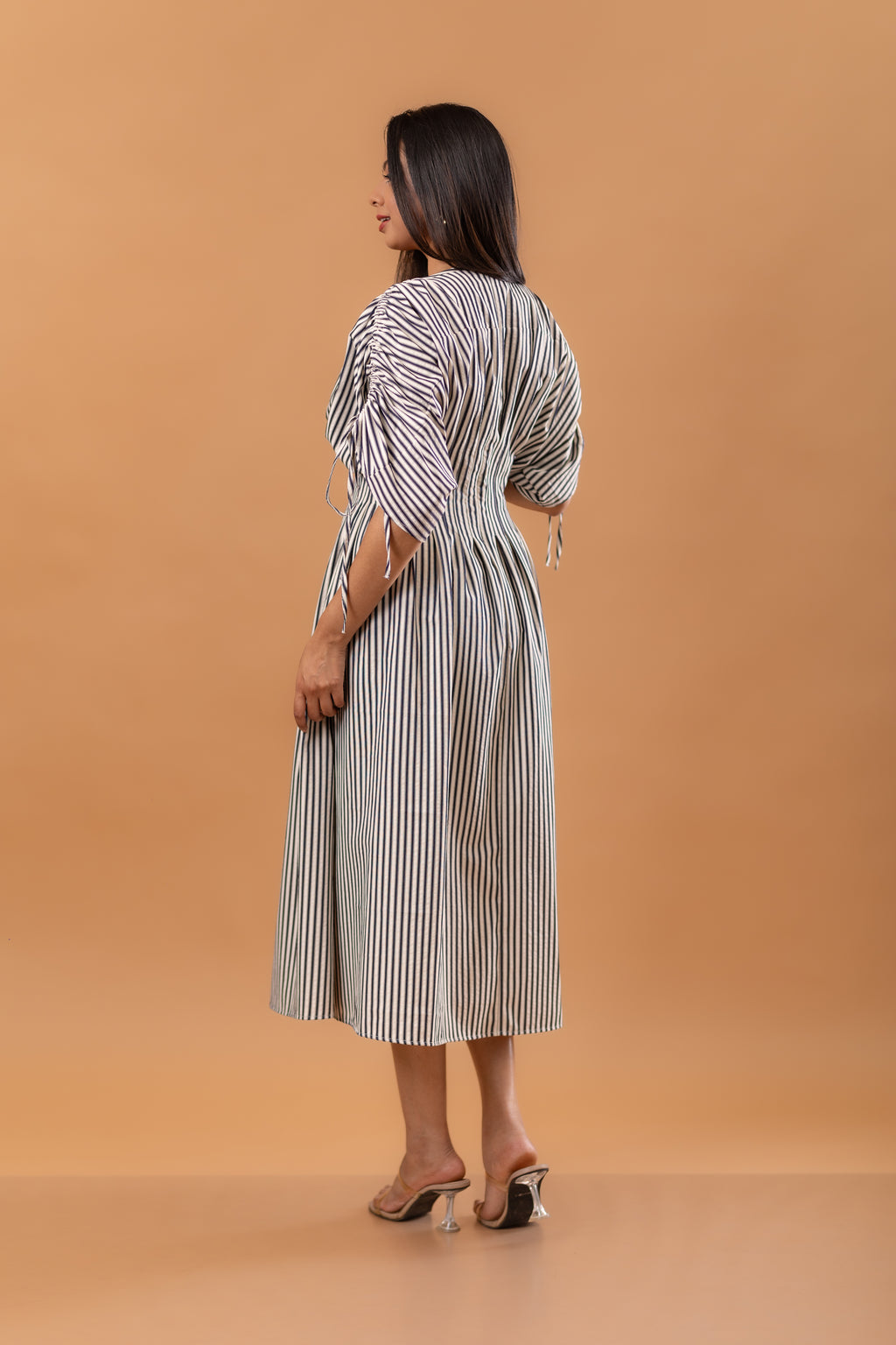 Vertical Stripe Cotton Ruched Midi Dress