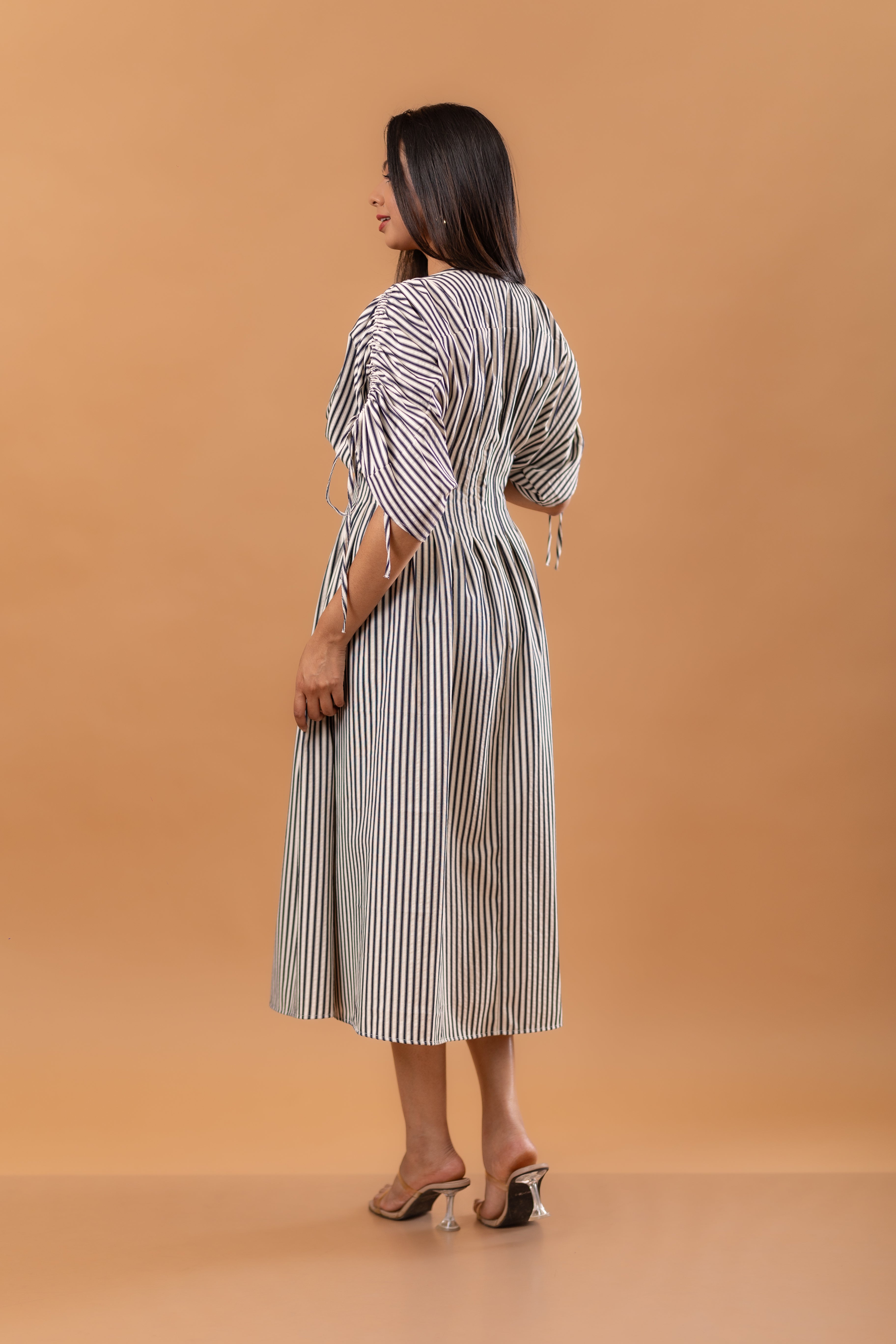 Vertical Stripe Cotton Ruched Midi Dress