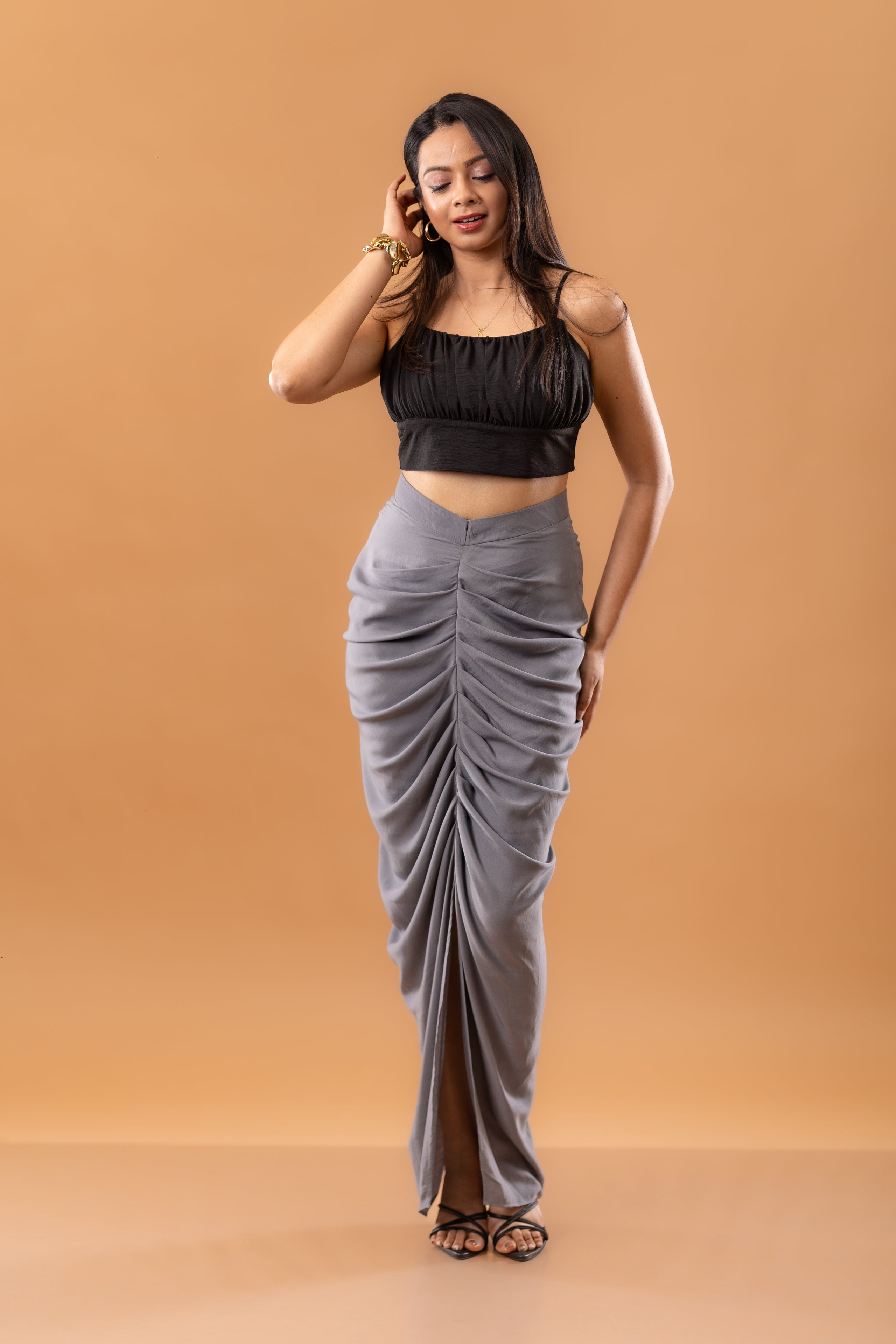 Graphite Ruched Drape Skirt