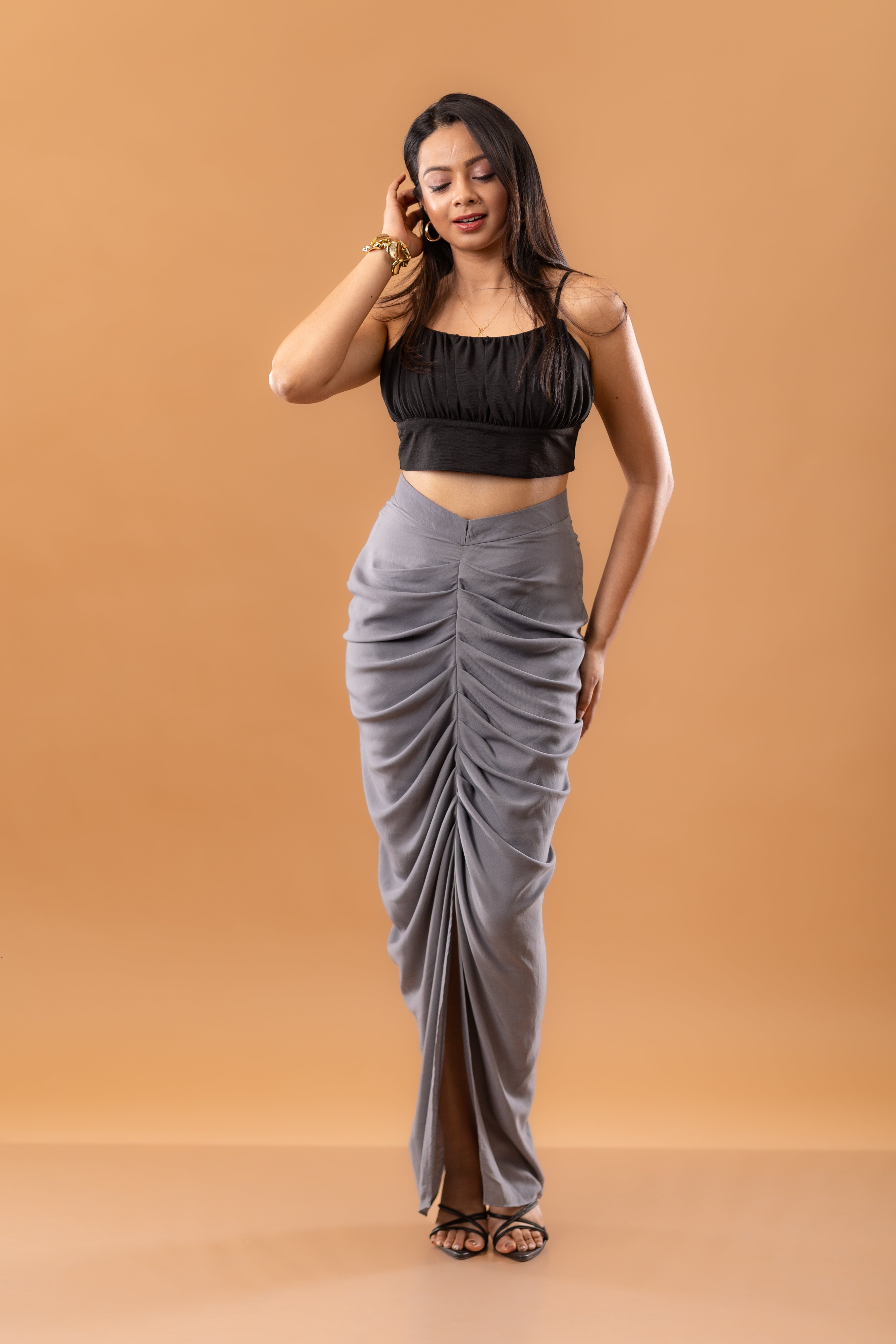 Graphite Ruched Drape Skirt