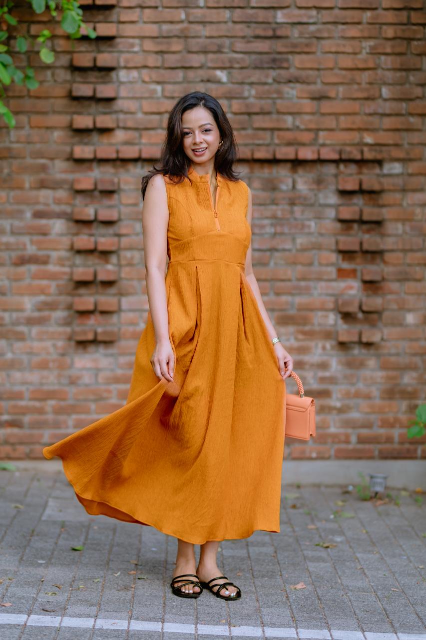 Burnt Orange Textured Fit & Flare Midi Dress