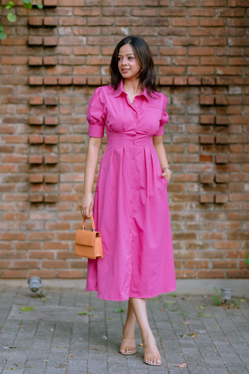 Fuchsia Puff Sleeve Shirt dress