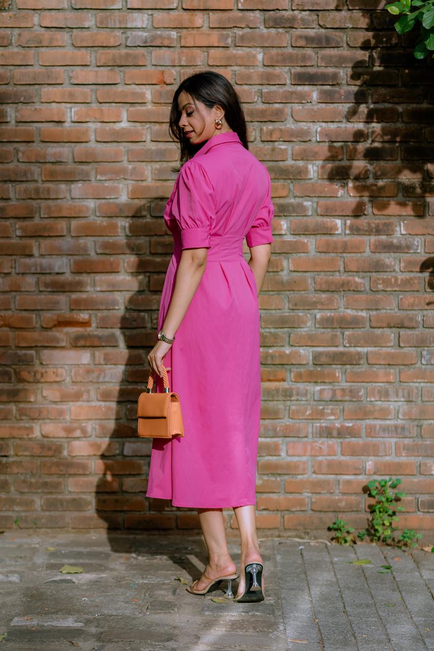Fuchsia Puff Sleeve Shirt dress
