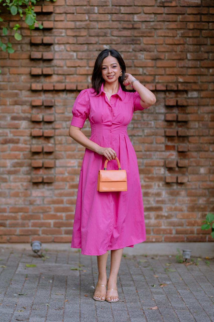 Fuchsia Puff Sleeve Shirt dress