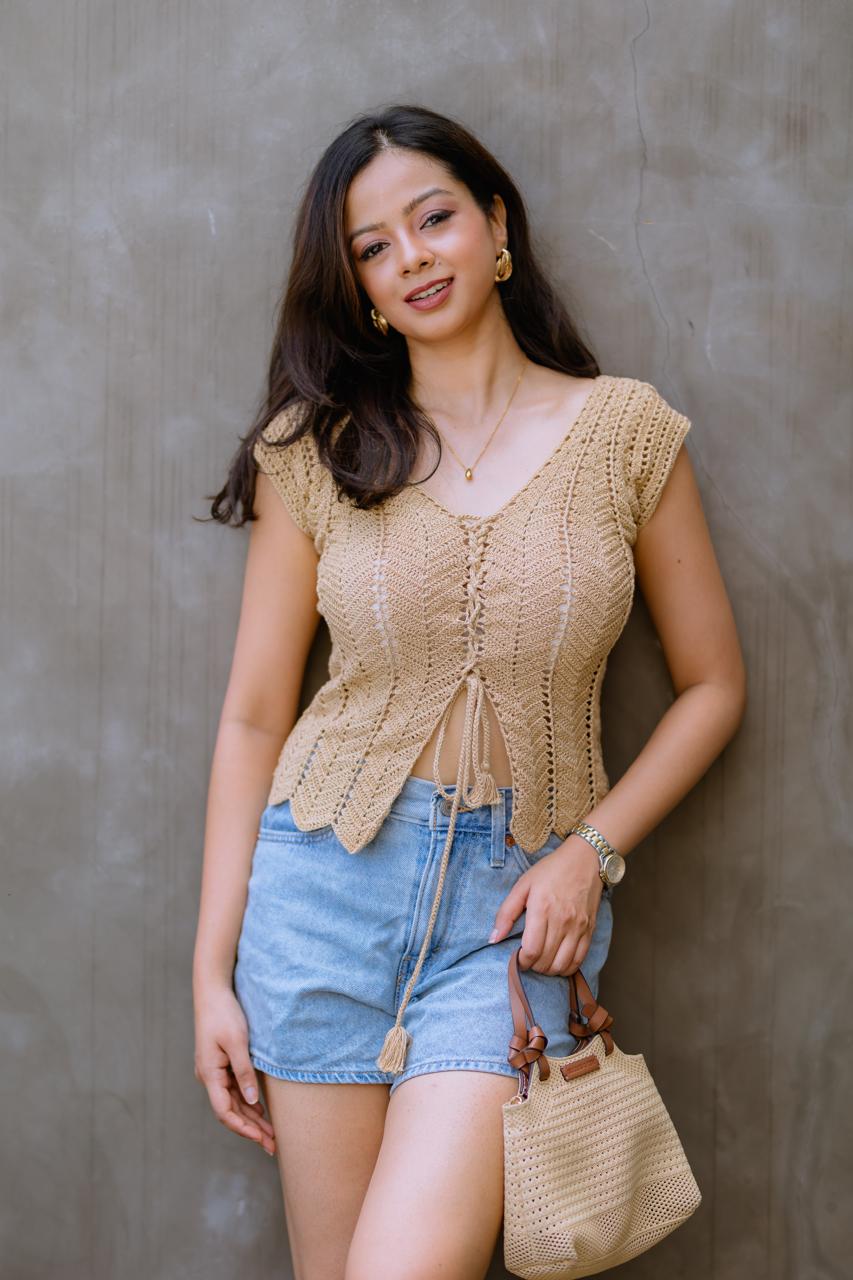 Tan Front Knot Crochet top