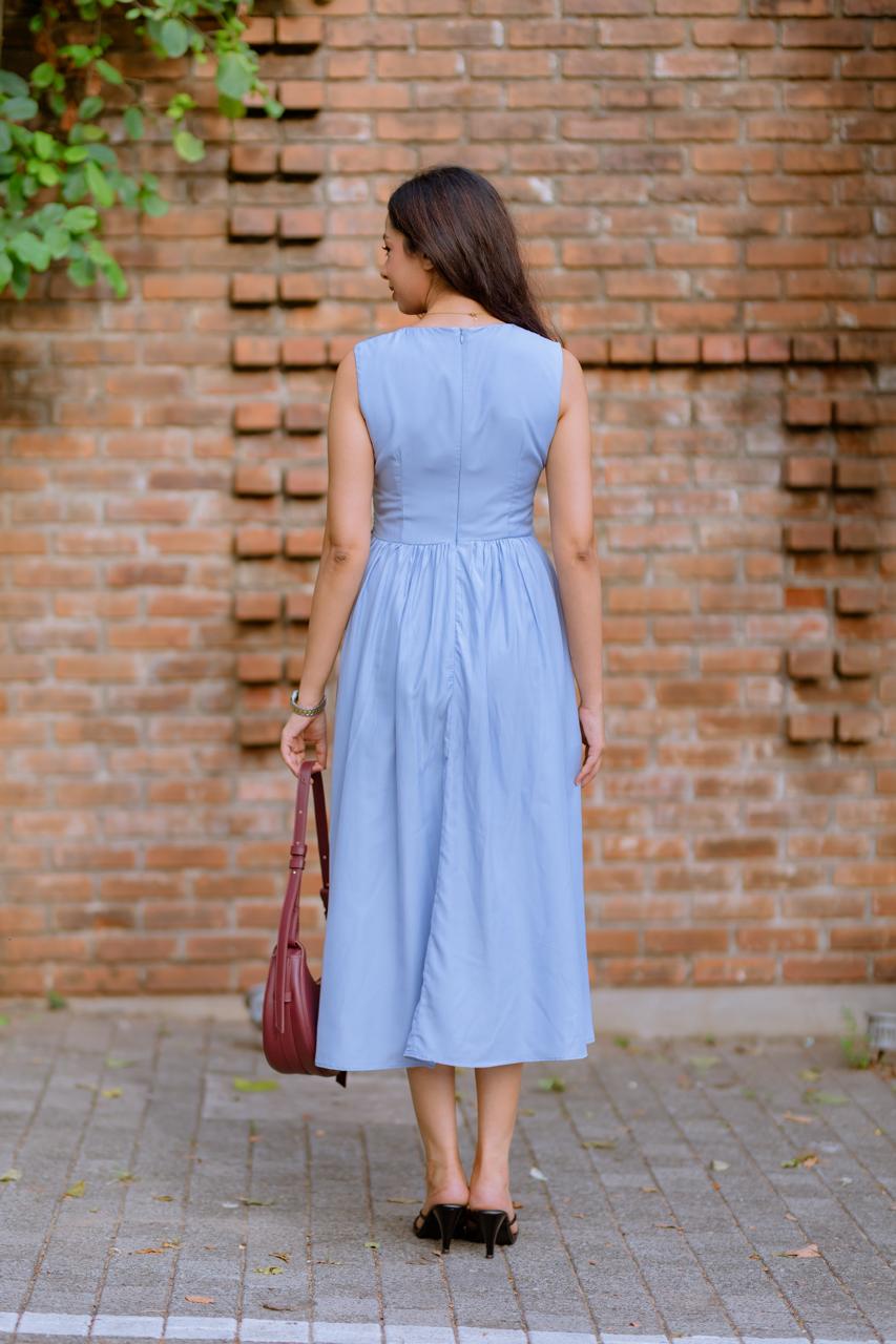 Light Blue Gathered Midi Dress