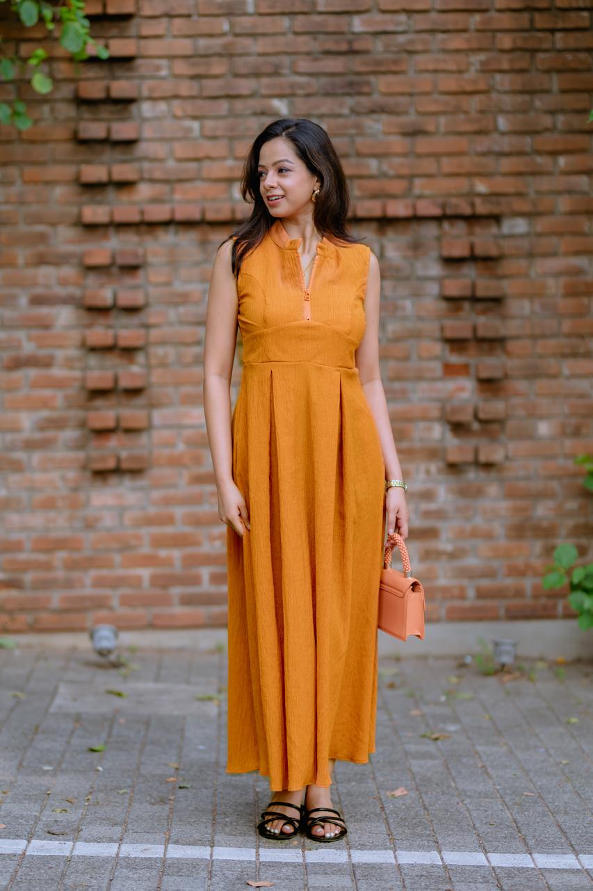 Burnt Orange Textured Fit & Flare Midi Dress