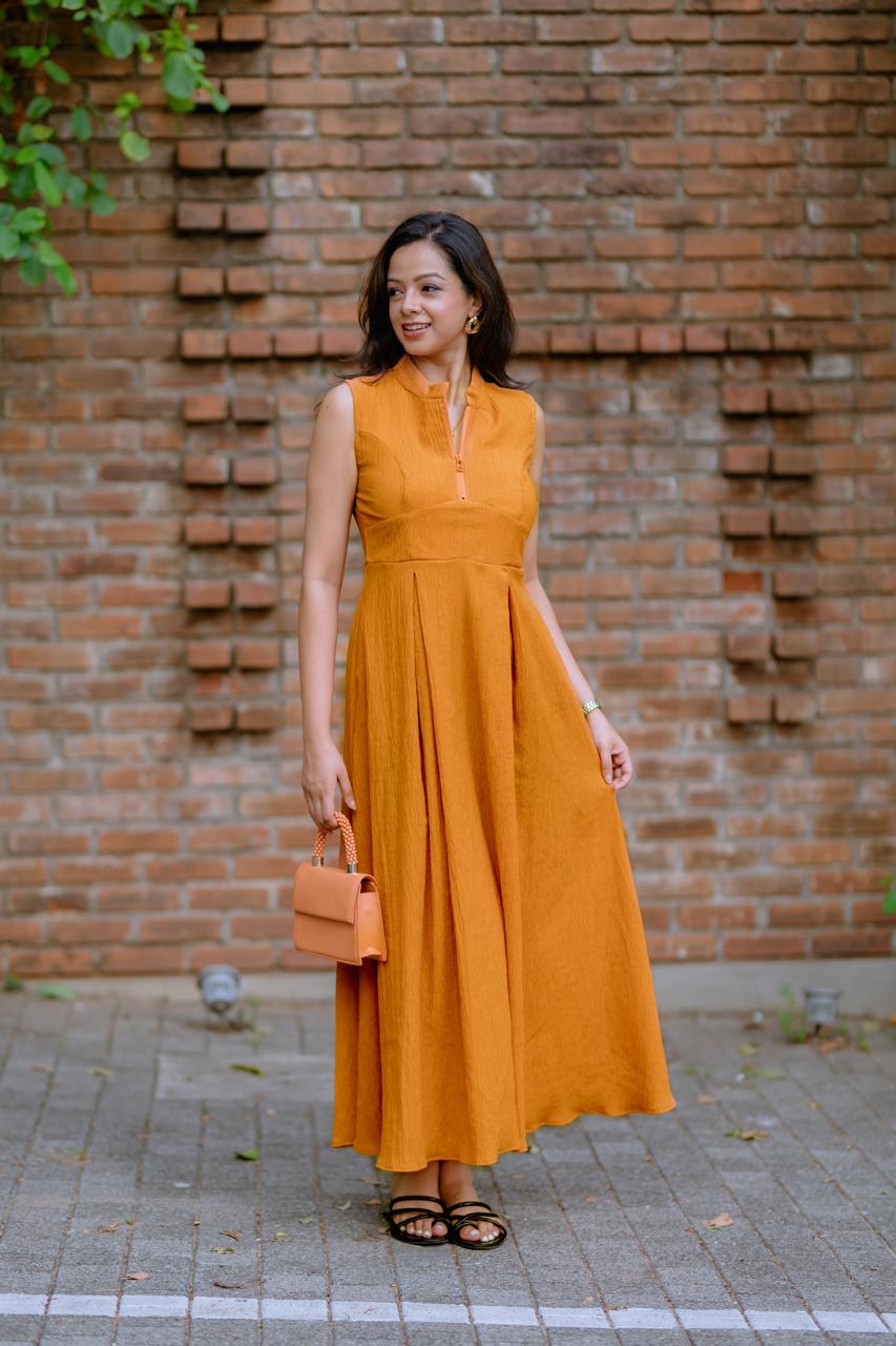 Burnt Orange Textured Fit & Flare Midi Dress