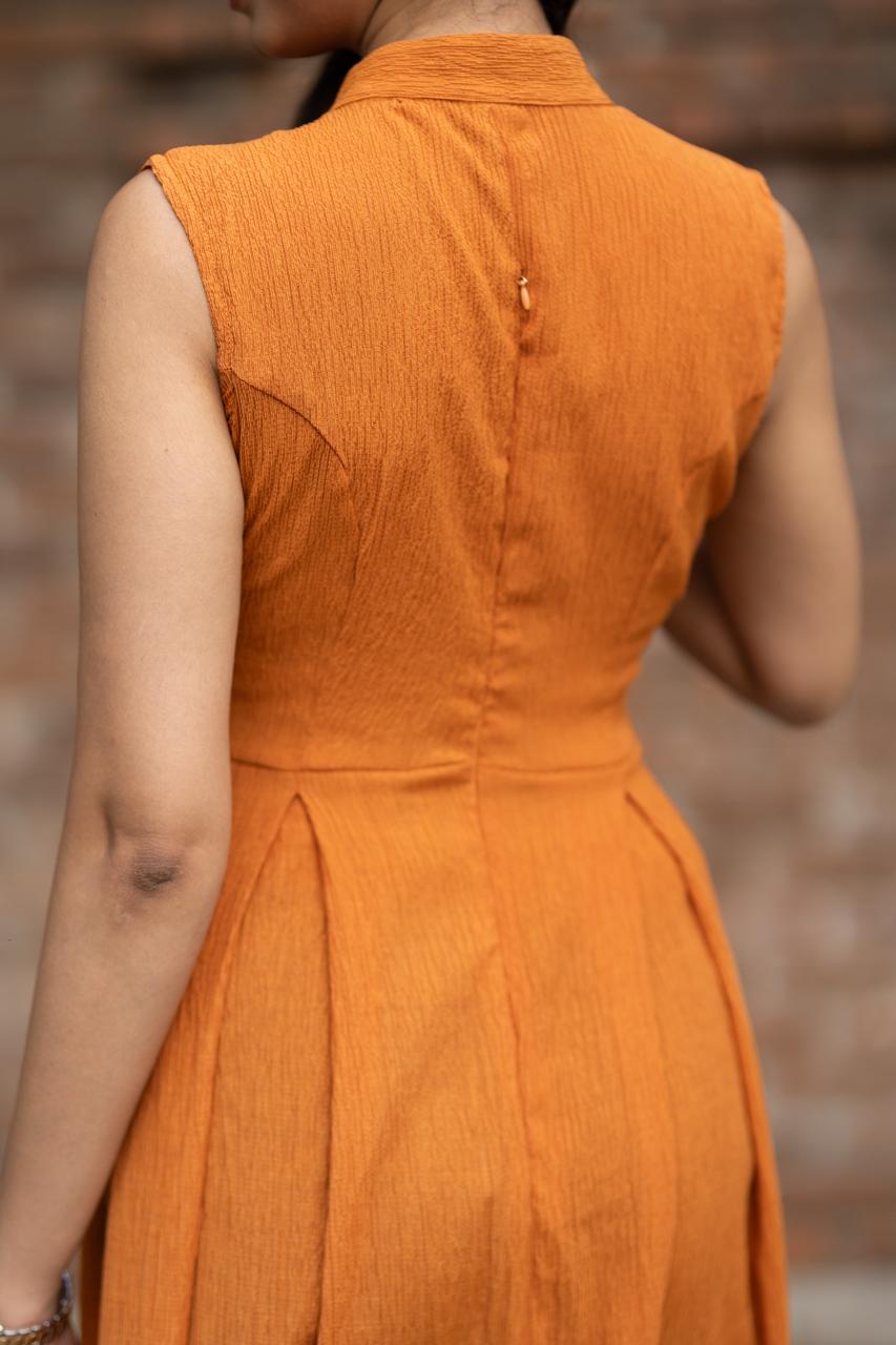 Burnt Orange Textured Fit & Flare Midi Dress