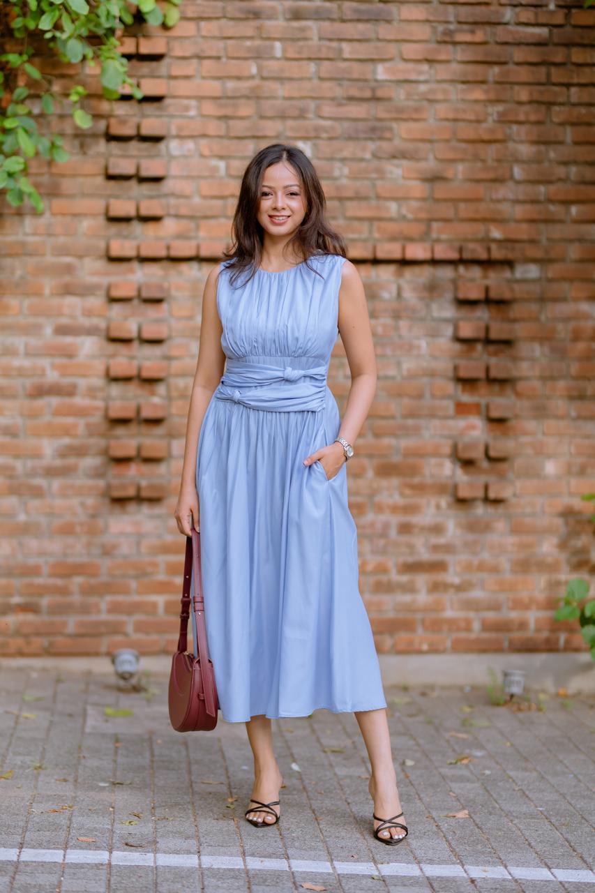 Light Blue Gathered Midi Dress