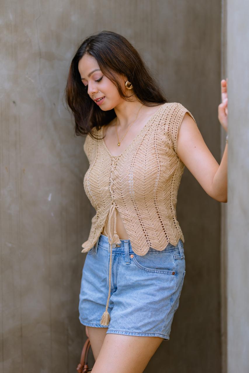 Tan Front Knot Crochet top