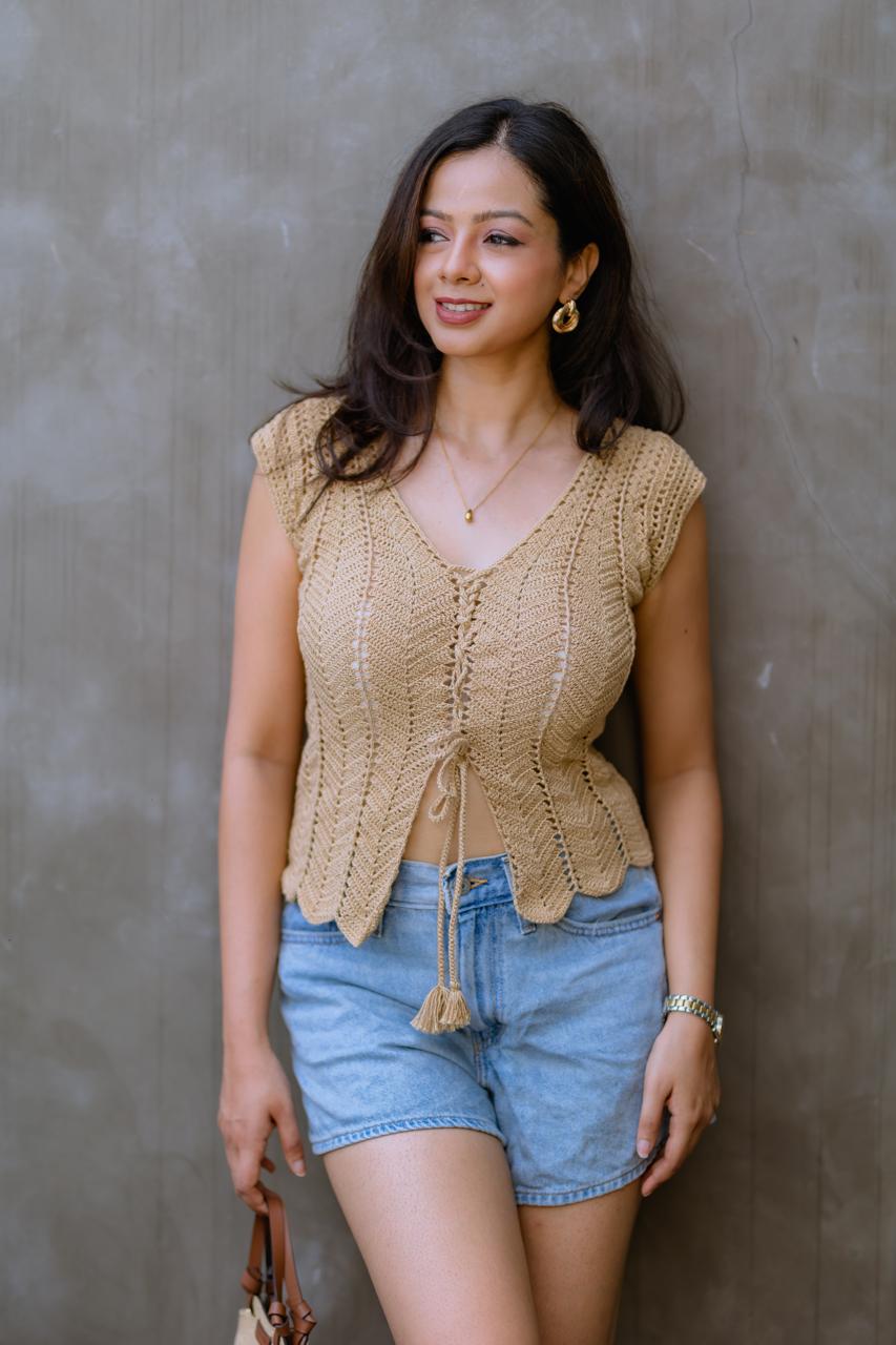 Tan Front Knot Crochet top