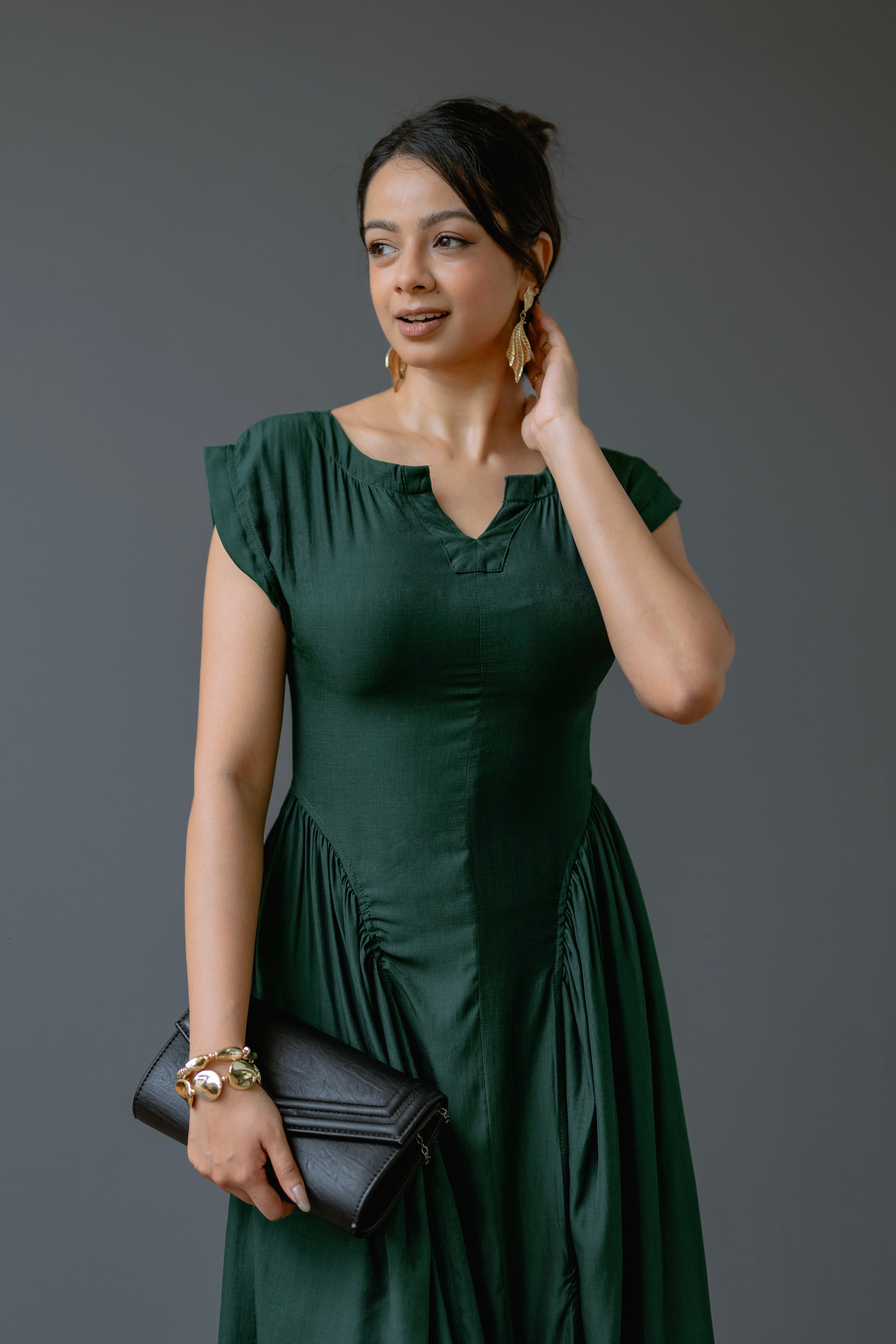 Cap-Sleeve Maxi Dress with Inverted V-Seam Gathering