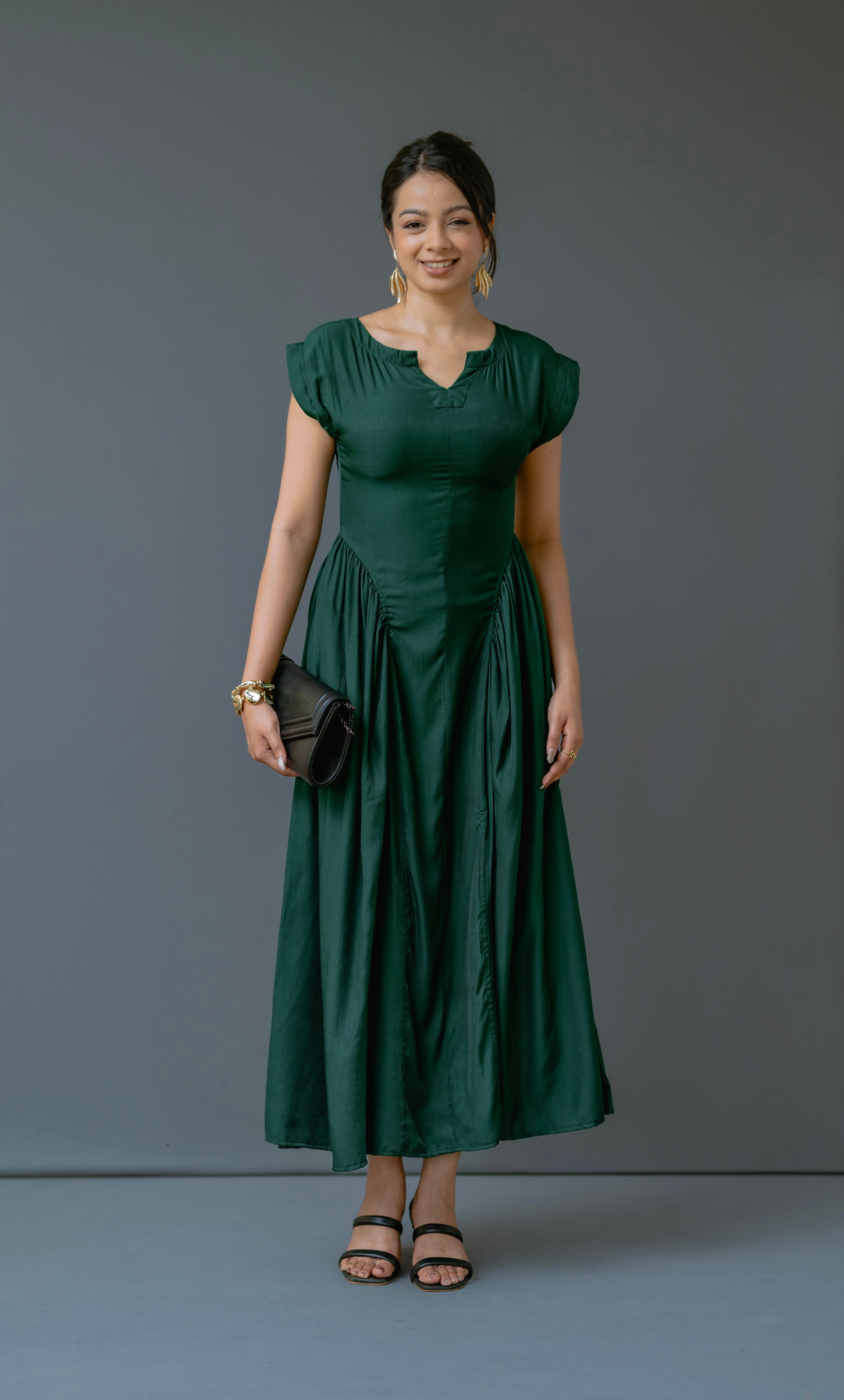 Cap-Sleeve Maxi Dress with Inverted V-Seam Gathering