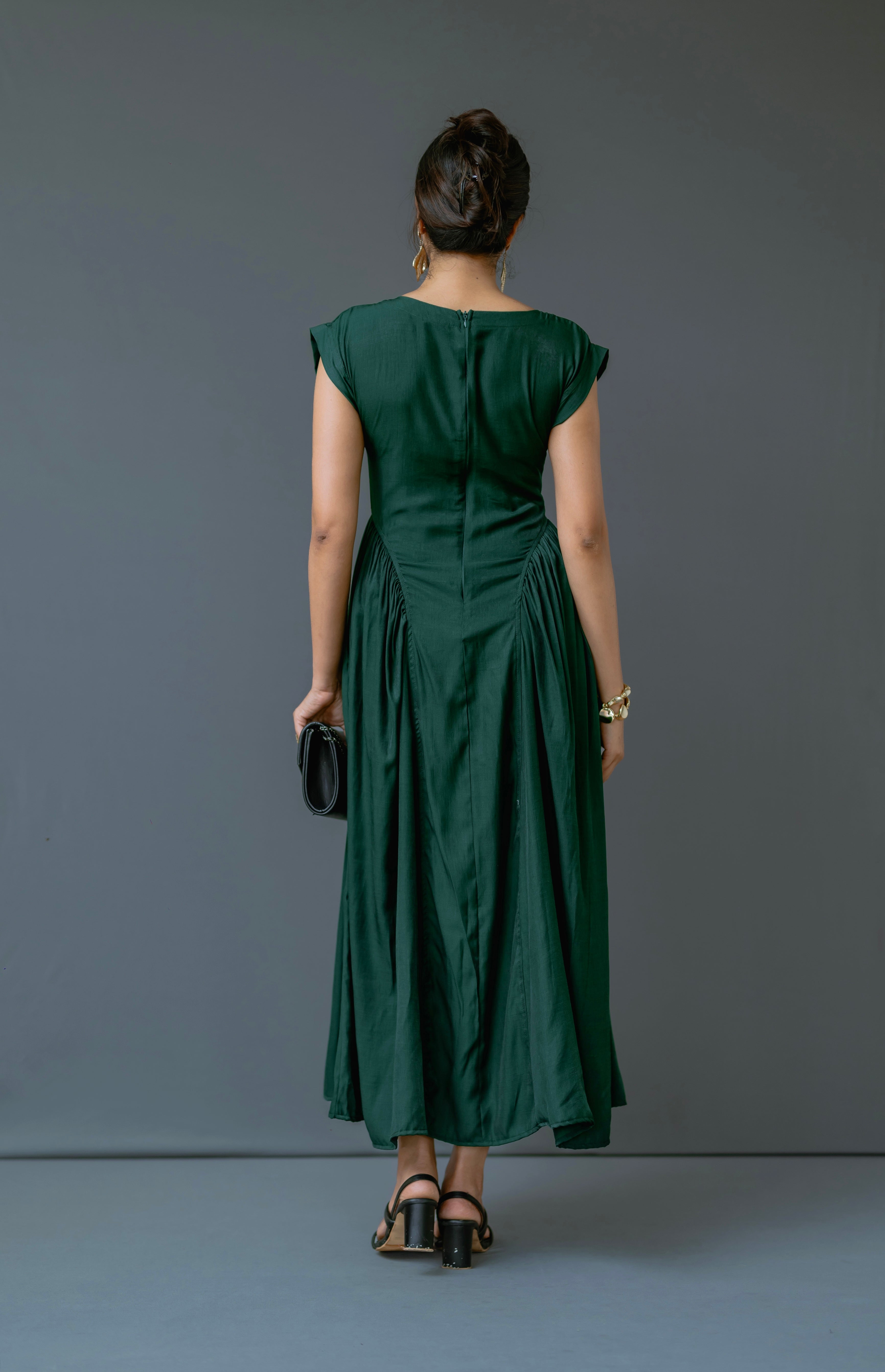 Cap-Sleeve Maxi Dress with Inverted V-Seam Gathering