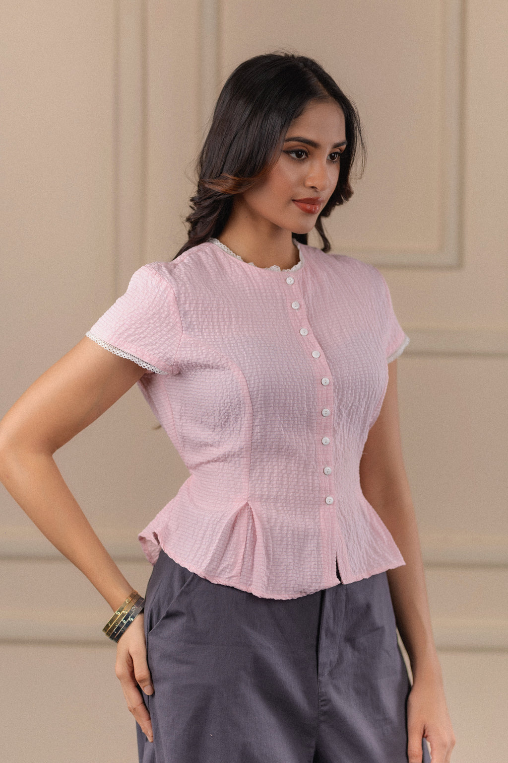 Lace-Trim Seersucker Top