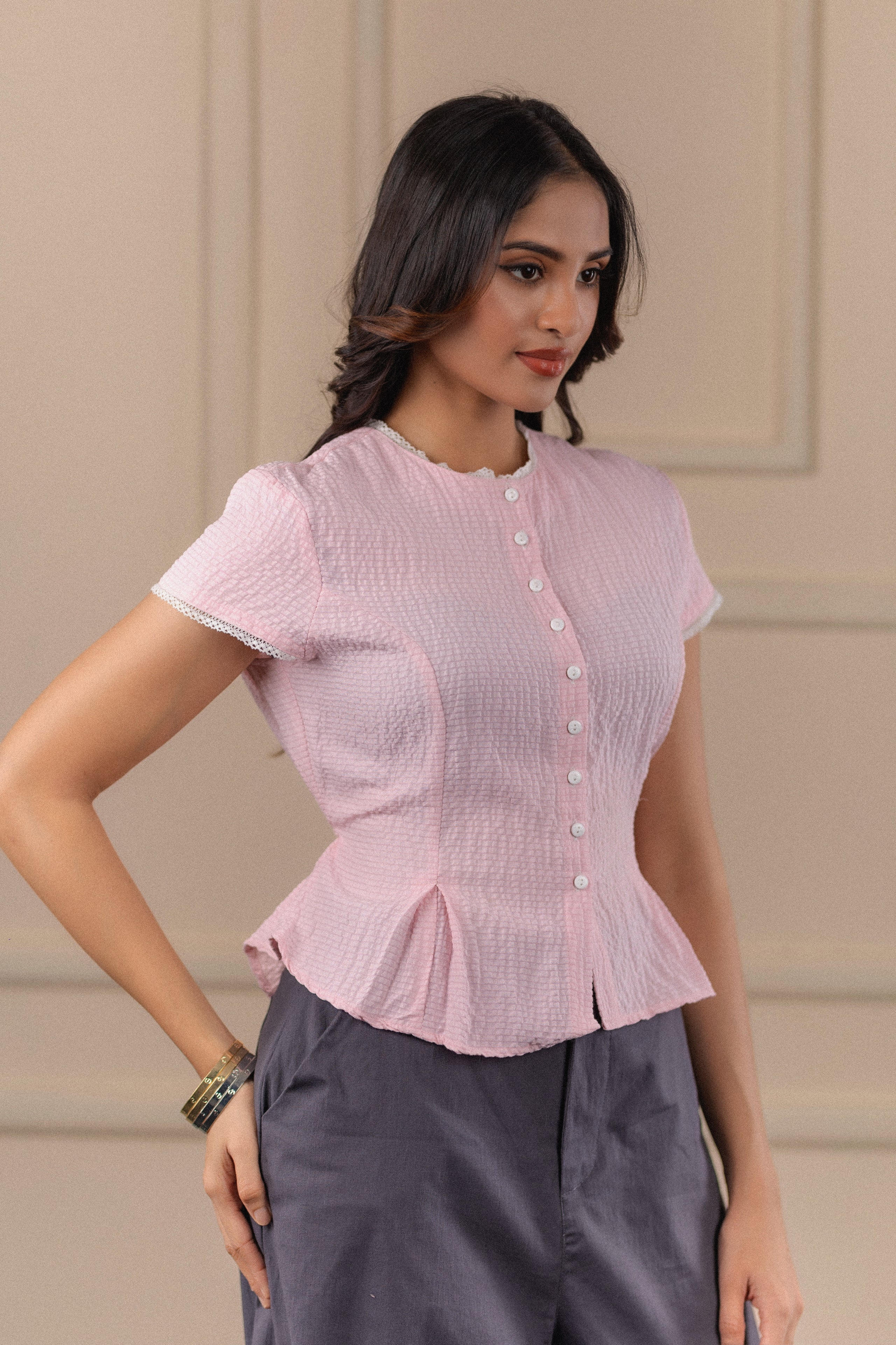 Lace-Trim Seersucker Top