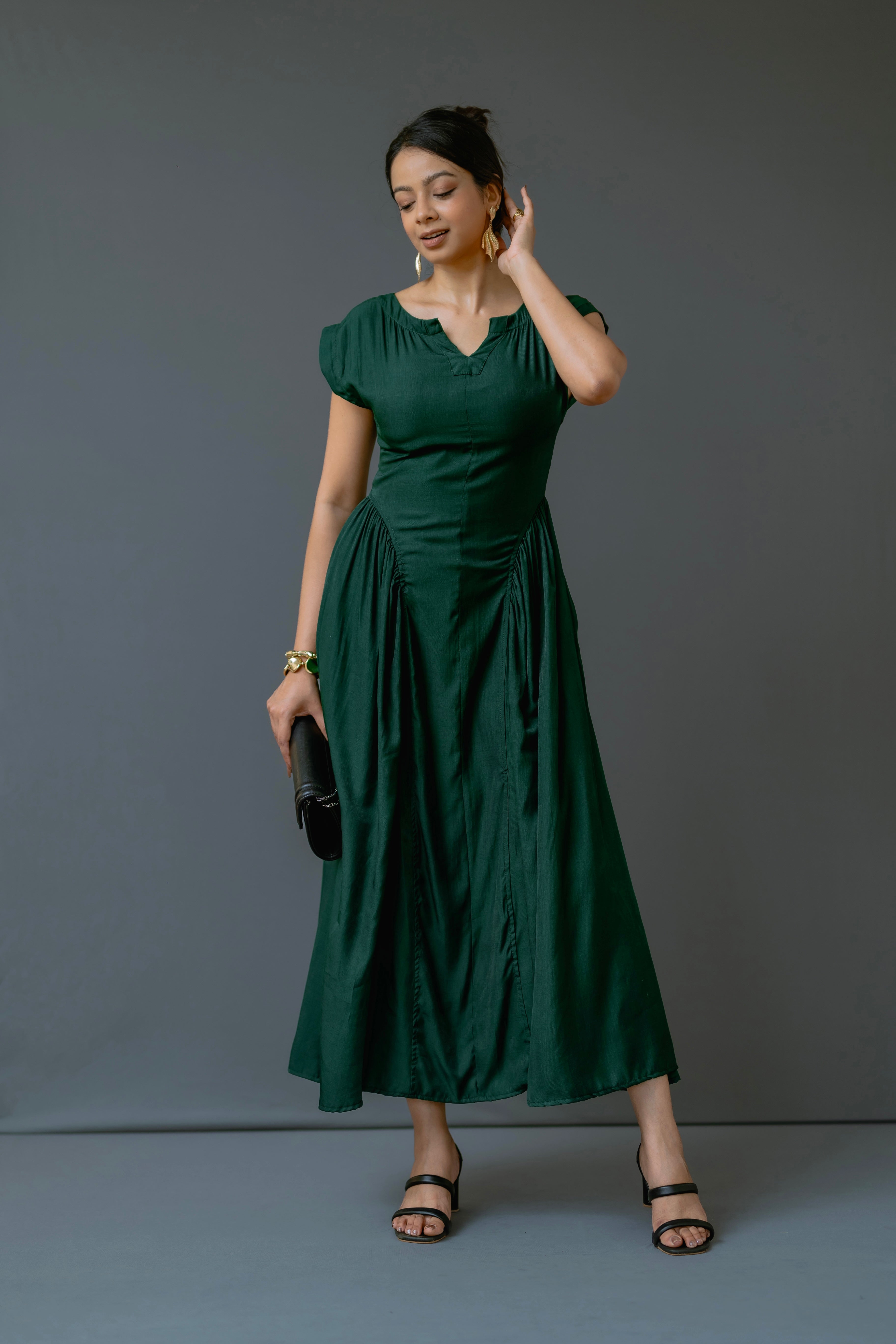 Cap-Sleeve Maxi Dress with Inverted V-Seam Gathering