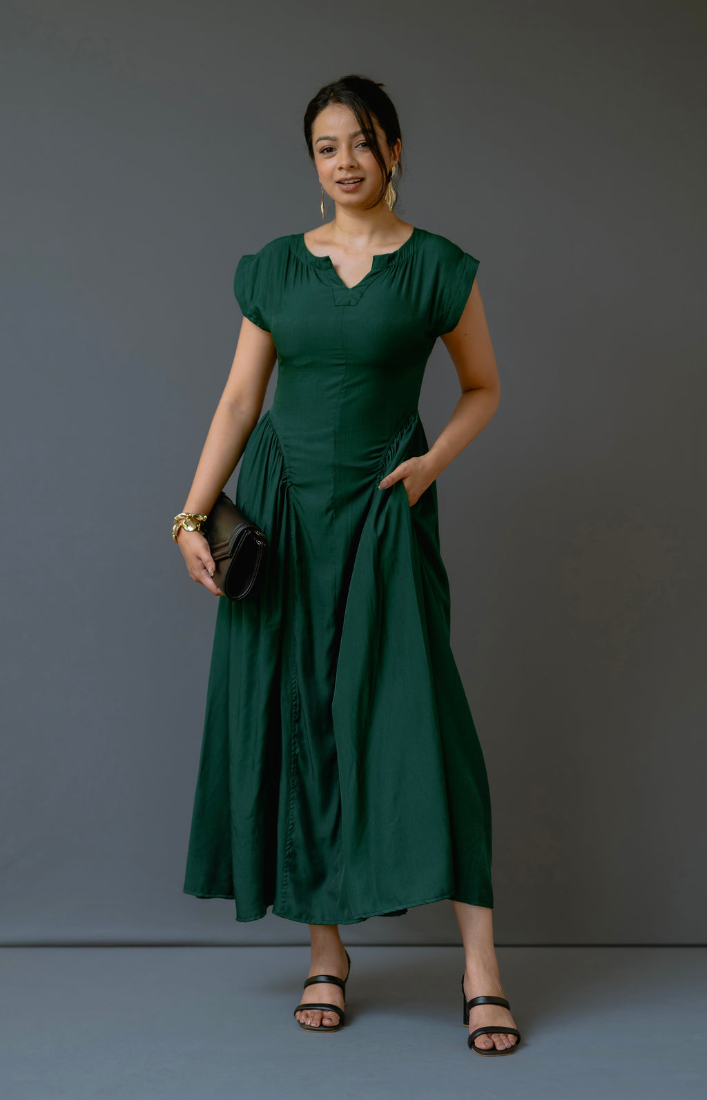 Cap-Sleeve Maxi Dress with Inverted V-Seam Gathering