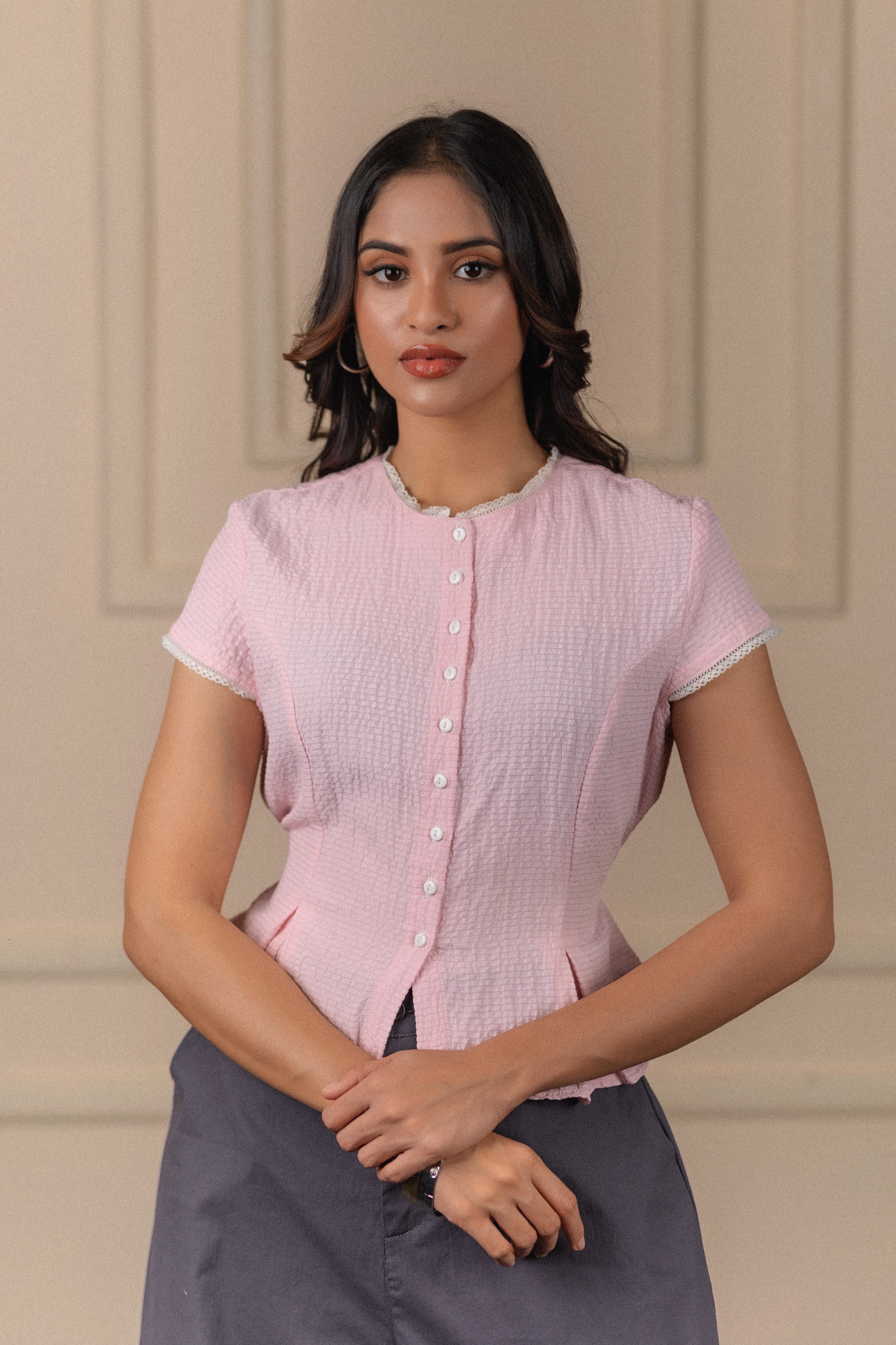 Lace-Trim Seersucker Top