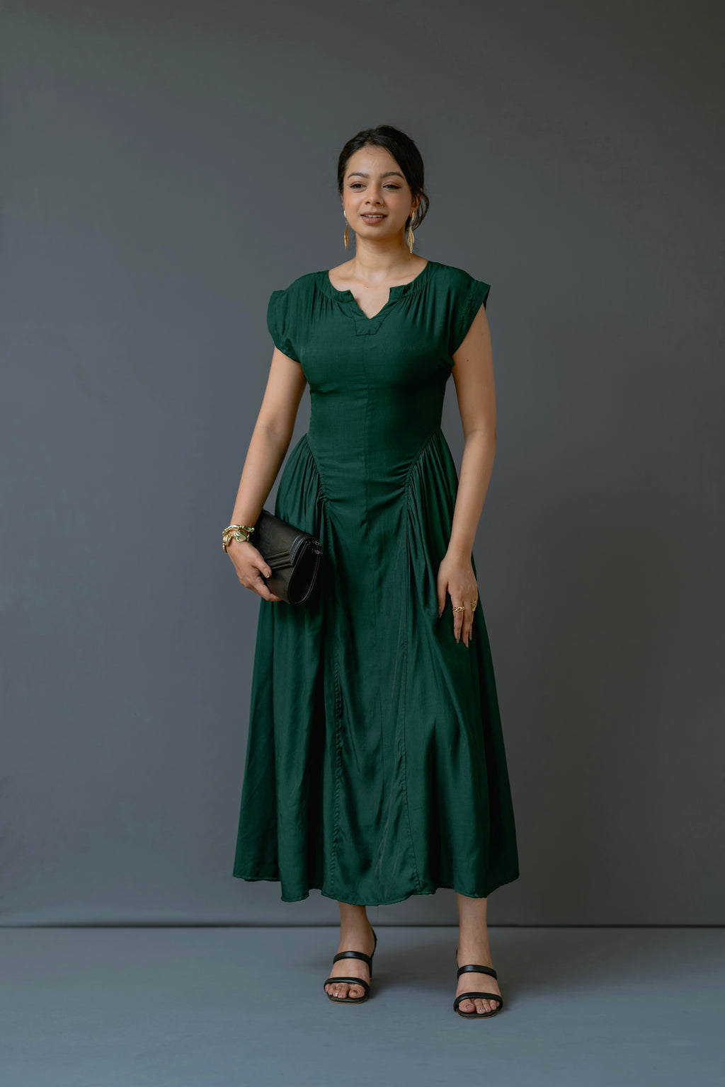 Cap-Sleeve Maxi Dress with Inverted V-Seam Gathering