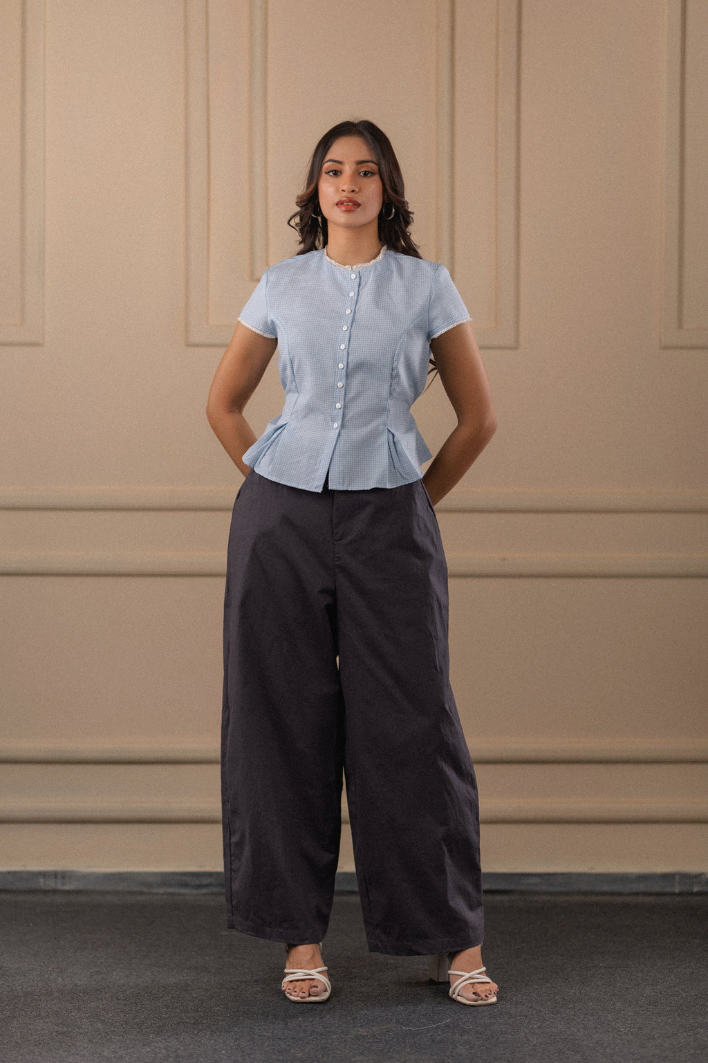Lace-Trim Checked Top