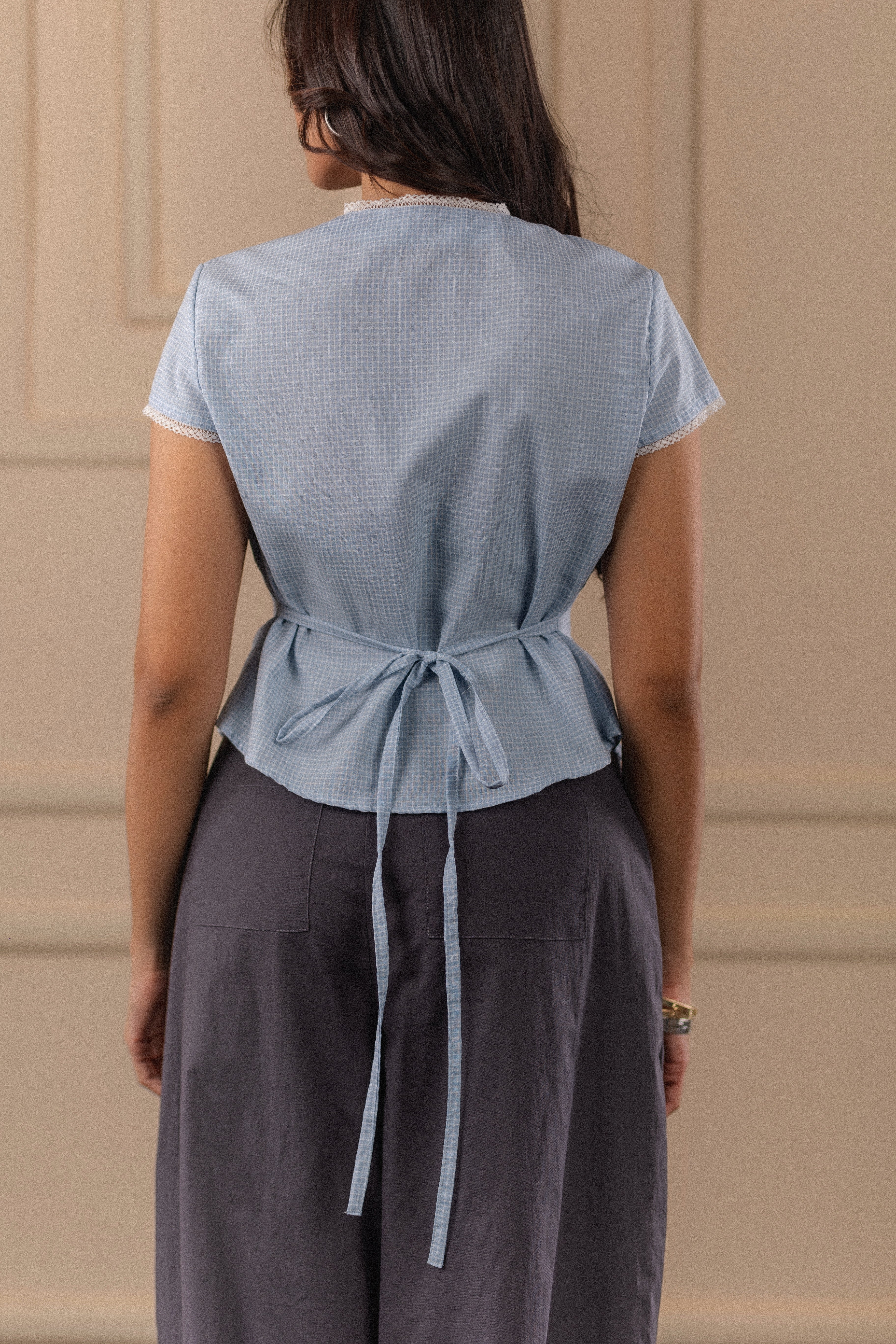 Lace-Trim Checked Top